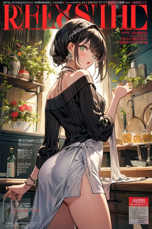 (small breasts:1.2), (perky chest:1.1), (pointed chest:1.0), (hand magazine cover:1.3),(from below:1.2),(from side:0.9),masterpiece, 1girl, Amazing Cleavage:1.1, thin waist, big ass, Raised sexmall breast: 1.2, posed cleavage:1.2、solo, open mouth, have a cute grass of cute beergrass,black hair, dark green eyes, dress, bare shoulders, jewelry, collarbone, sidelocks, hairband, earrings, indoors, off shoulder, sweater, arms behind back, plant, short hair with long locks, gild hairband, sweater dress:1.2, off-shoulder sweater, red sweater, dark gord hair, big side hair, very long side hair,is rendered in (masterpiece: 1.2, best quality), with (ultra high resolution) and an exquisite (depth of field). This masterpiece is not only visually stunning but also tells,A scene of cooking in the kitchen by classroom ,looking at viewer,