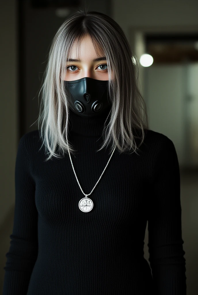 (8K,Raw photo, best quarity, masutepiece:1.2), high-definition RAW color photography, professional photograpy,(Realistic, photographrealistic:1.37),{{Best Quality}},1 girl,Cinematic Light,(finerly detailed face:1.2),(masutepiece:1.3),(Best Quality:1.2),Looking at Viewer, goth_punk,Blue Eye ,short wavy hair,(Silver hair), (long eyelashes:1.2),(Gas Mask 1.13),鎖骨,cleavage,(White coat)
