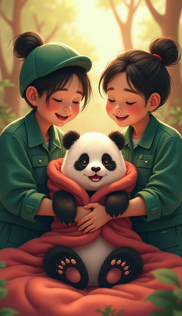 2 Indonesian girls, plain, cute round faces, calm, blushing, , hair in buns, wearing women's army clothes and shorts, and on their backs carrying a bag and hanging binoculars from their necks sitting in a bamboo forest while hugging a big panda, friendly expression , forward view, soft lighting, focus, body detail, realistic
they are saving a panda from an enemy attack