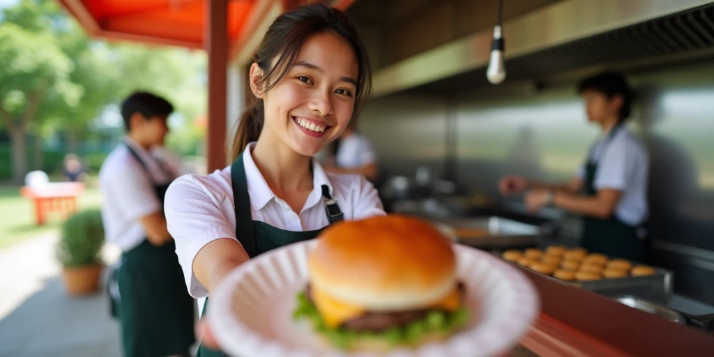 a fast food worker, fast food restaurant, fast food kitchen, uniform, hat, apron, frying food, cooking burgers, working the register, customer service, taking orders, smiling cheerfully, dynamic pose, warm lighting, photorealistic, 8k, hyper detailed, cinematic lighting, vibrant colors, clean composition
