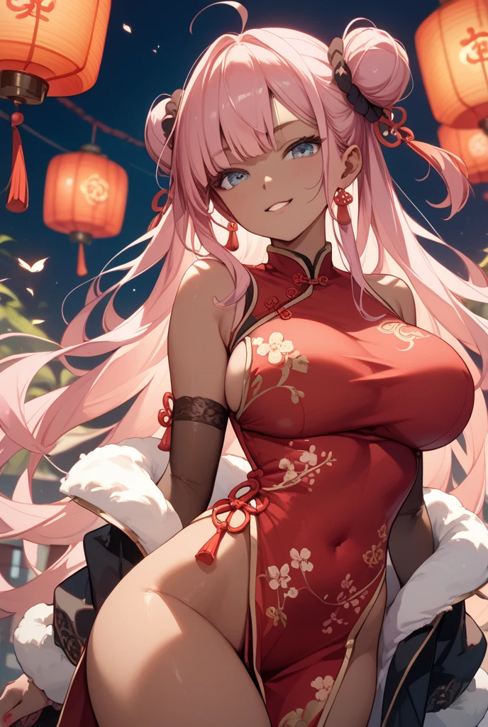 (anime), (masterpiece), ((extremely detailed 8k illustration)), highres, (extremely detailed and beautiful background), ultra detailed painting, professional illustrasion, Ultra-precise depiction, Ultra-detailed depiction, (beautiful and aesthetic:1.2), HDR, (depth of field:1.4), colorful, vivid, beautiful detailed glow light particles, intricate:1.4, zentangle,
(girl), (highly detailed beautiful face and eyes), pale skin, parfect body, thighs, large breasts, big areola, pink eyes, elf ears, pink hair, short hair, straight hair, thin pubic hair, oily skin, cute, bare shoulders, china dress, chinese clothes, short dress, cleavage cutout, sideboob, thighs, smile, character focus, cowboy shot,