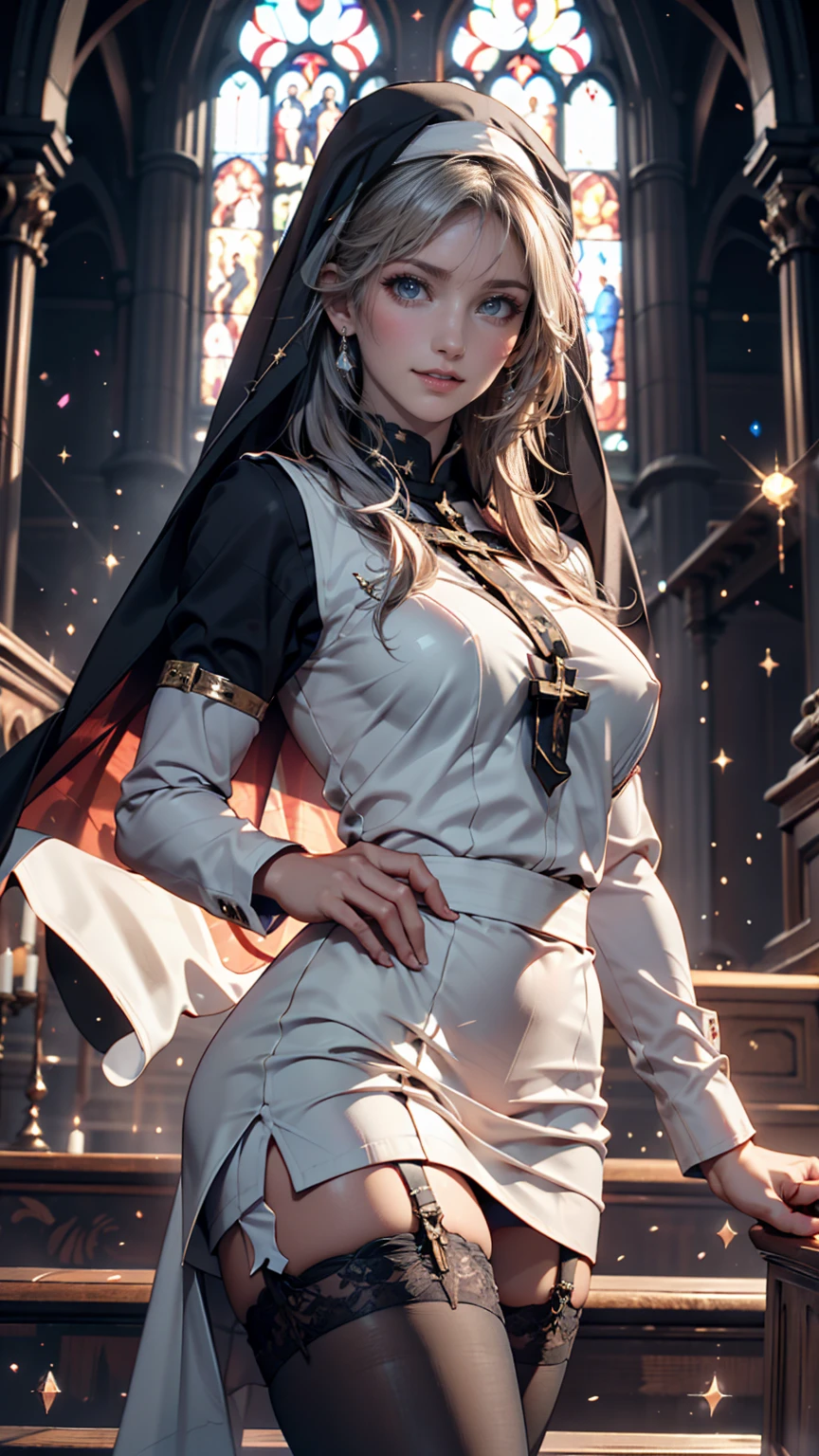 best quality,masterpiece,highres,original,extremely detailed wallpaper,perfect lighting,extremely detailed CG,blurry background,standing,
<lora:dnfcrusader-nvwls-v1:0.7>,dnfcrusader,hat,cross necklace,cross earrings,black dress,detached sleeves,white thighhighs,