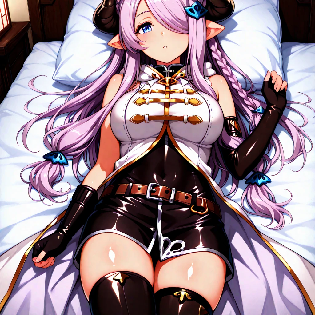 very delicate and beautiful girl,8k wallpaper,masterpiece,danntoudainoaura,Bedroom,1 girl,alone,devil's horns,devil girl,long hair,medium breasts,elbow bag,((black thigh high socks)),boots,choker,((Wedding dress)),(sit on bed),looking at the viewer、Photo from below、((sit cross-legged))、long skirt