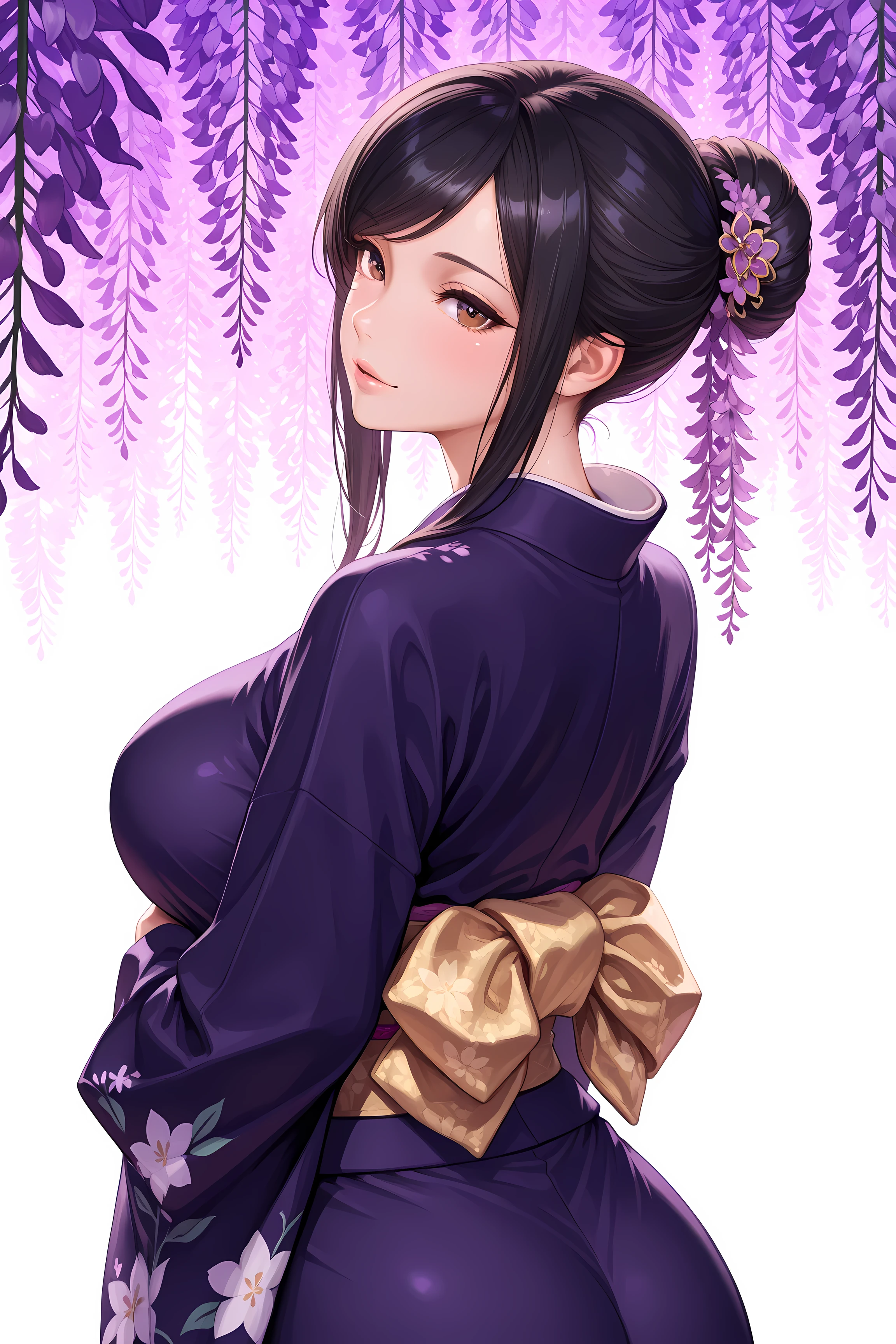 1 girl, 23yo, Japanese girl looking up at wisteria flowers,, brown eyes, black hair, shiny hair, long hair, swept bangs, single hair bun, wisteria flowers hair ornaments, sleek and smooth, perfect artwork, picture-perfect face, beautiful face, charming, seductive, alluring, enchanting, stylish, large breasts, narrow, wearing a purple kimono, from behind, waist-up shot, looking back, purple fuji flower, masterpiece, best quality, ultra realistic 8k cg, epic, high resolution, soft light,