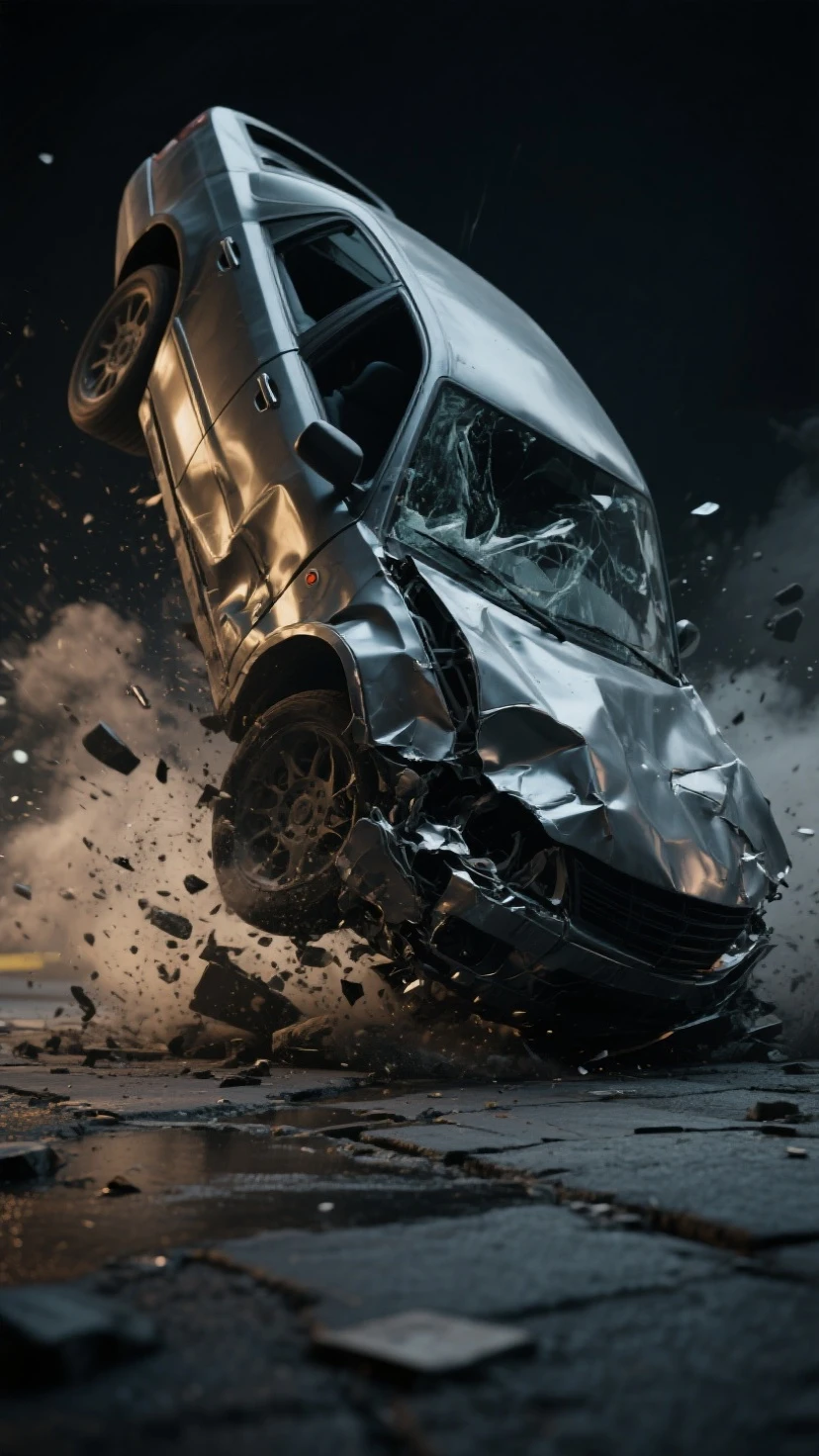 car accident, citroenc6, detailed, crashed, smoke, realistic