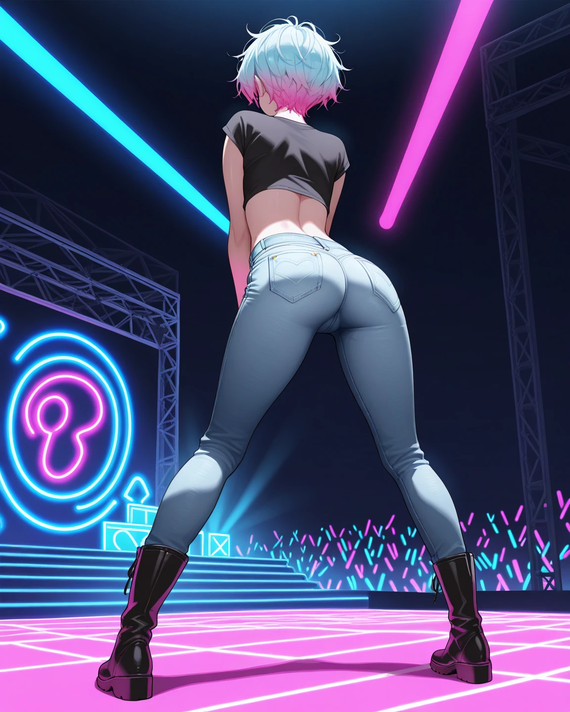  Nazuna is crouched on her back in a sensual pose wearing skimpy clothes while looking at the camera behind her, em uma sala de festa neon com caixas de som brilhando, your ass is in the focus of the image, 