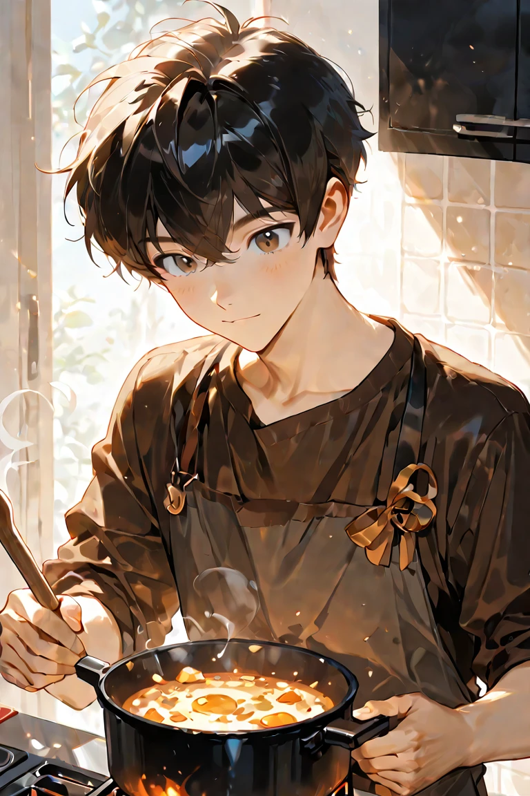 （looking away:1.5）,upper body、
masterpiece、Highest quality、
BREAK (25-year-old male:1.5) and (Mahogany brown short hair) and (Green Eyes)
 BREAK (white collared shirt) 、apron、
sautéing、Are standing、The background is the kitchen at night、alone、Upper body is shown、