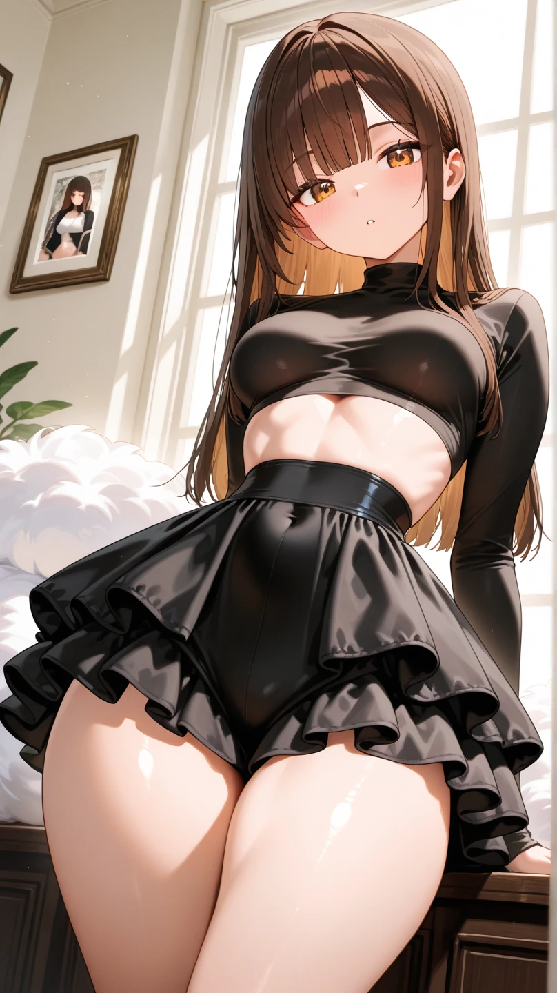 1girl, mini skirt, skirt lift pose, pink cute panties, shy expression, ruched drawstring crop top, home garden, modern home, sunny weather, subtle tousled waves hair, blonde hair color palette mix black, slightly flushed cheeks, add_detail:1