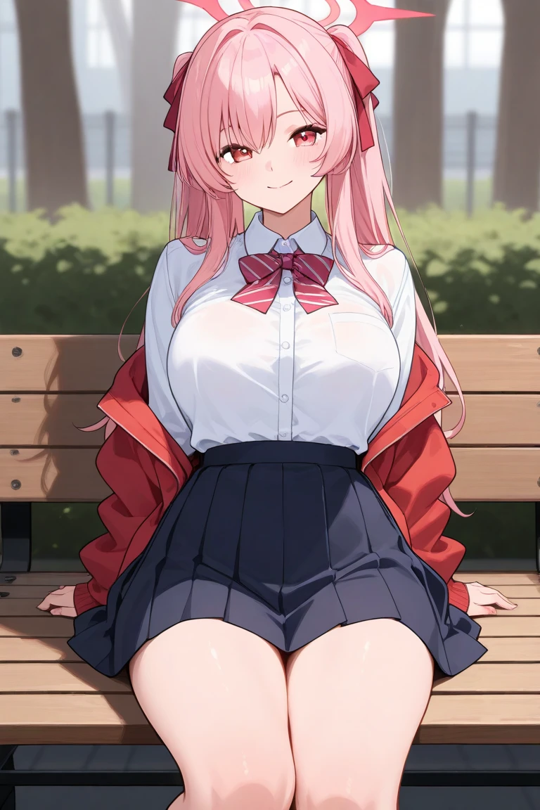 , (((gigantic breasts))), clothed, crossed legs, breast hold, school uniform, Seductive Anime Girl, panty shot, curvy, heart shaped pupils