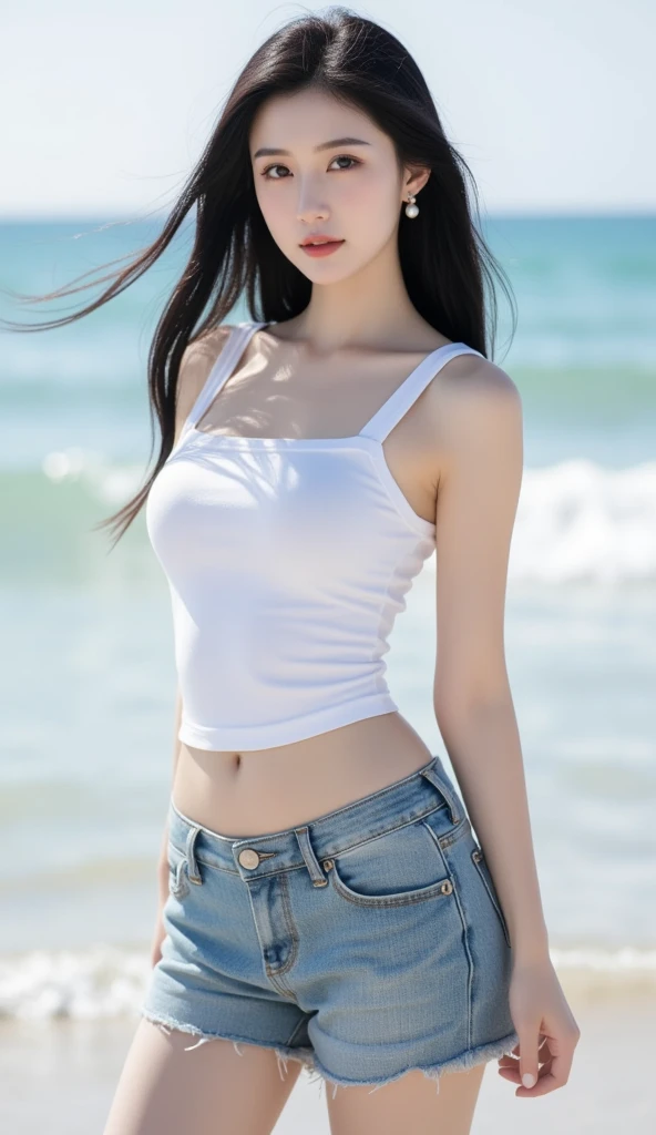 UHD, retina, masterpiece, ccurate, anatomically correct, textured skin, super detail, high details, high quality, award winning, best quality, highres, 1080P, HD, 4K, 8k, 16k、blue sea、Wide sky、Deep sandy beach、Cute Girls、(Denim overalls for the upper body only:1.2)、Sunburn mark、Lay a sheet on the beach、Resting on the seat、Pussy Line:1.2、Fingertips to the crotch:1.2,((((Very small and flat chest))))、Beautiful pussy lines:1.2、(The lower half of the body is completely naked and the pussy is beautiful:1.2),(A beautiful girl with double eyelids:1.5),(Skirt Lift:1.5),(きれいなPussy Line:1.4),