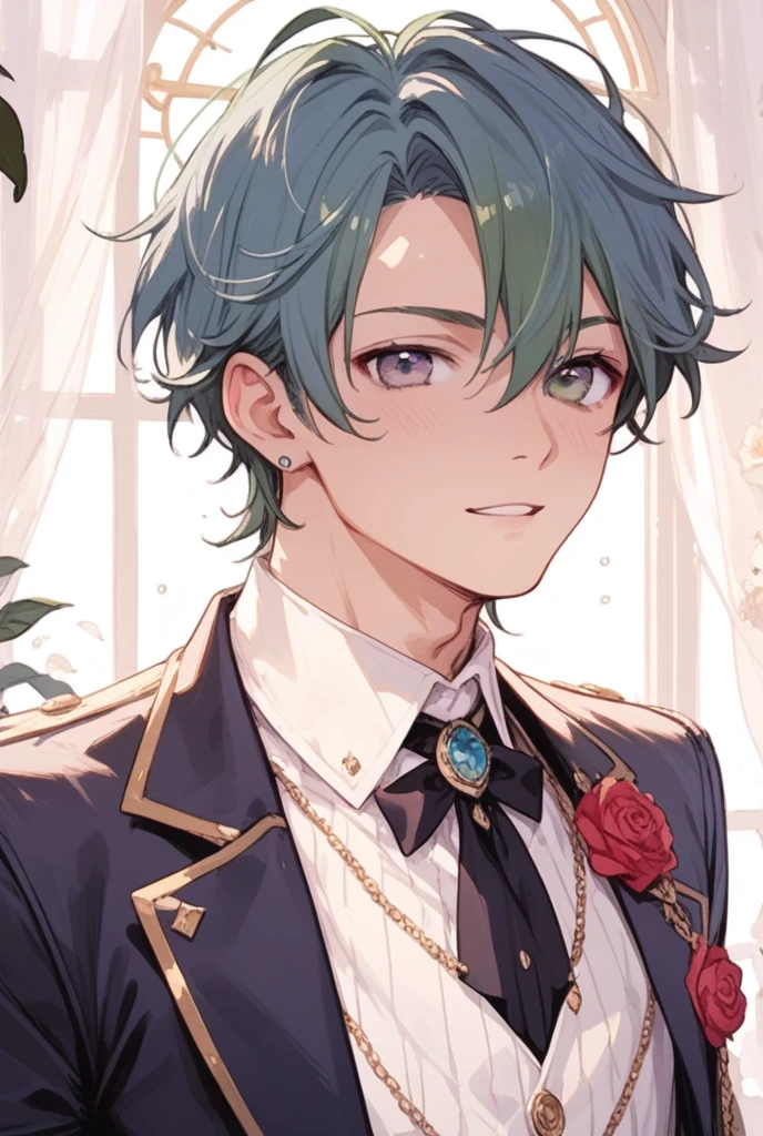 a boy with short silver-gray hair, piercing green eyes, yandere, sweet devil, younger brother, caring, possessive, friendly, detailed portrait, anime style, digital art, vibrant colors, dramatic lighting, striking pose, intricate details, masterpiece, hyper-realistic, 8k, photorealistic