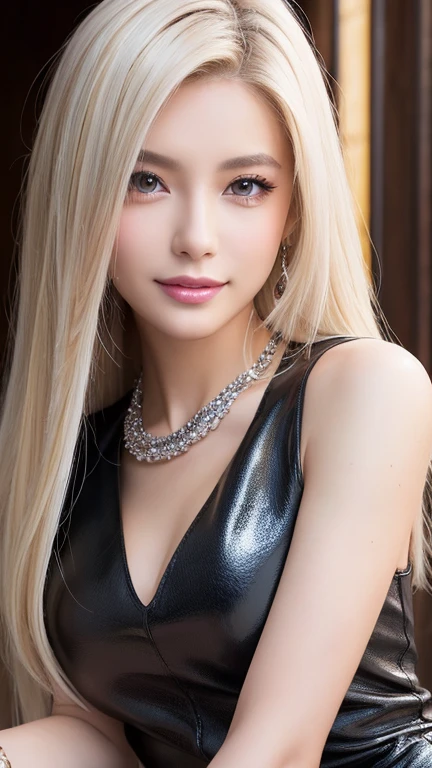 (masterpiece:1.4), (best quality:1.4), 4k, 8k, ultra high res, ultra high resolution, ultra detailed, ((detailed facial features)), HDR, (realistic, photorealistic, photo-realistic:1.37), closeup, sexy seductive Swedish model, (happy smile), (small breasts), (slim girl), long lashes, ultra detailed makeup, defined eyebrows, platinum blonde hair, fair skin, elegant posture, wearing large sparkling colorful jewelry, wearing a business style leather dress, standing in a large shopping mall, gentle sunlight shining through the shopping mall windows, casting a soft glow on her face, adding warmth to the scene, vibrant colors, capturing the essence of vibrant city life, portrait style, showcasing her natural beauty and grace in a feminine way