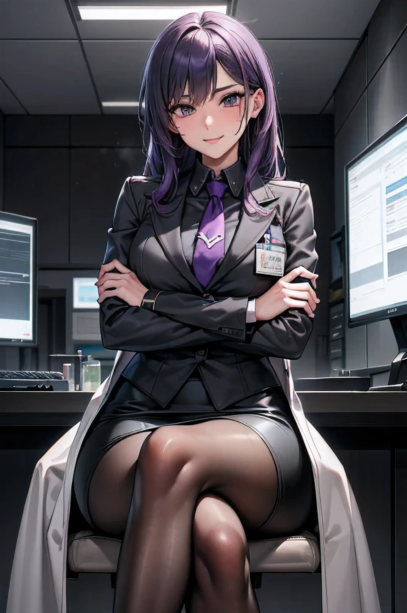 viwer from below,cowboy shot,((cross one's arms)), ((cross one's legs)),((perfect body,perfect face,perfect breasts,perfect finger,perfect legs)),((sleep deprived look)),((I've got bags under my eyes,fearless smile)),27age,(female genius scientist),(((mad scientist woman))),deep purple hair,Medium length hair,uniform, (((charcoal grey military uniform))),((put on a laboratory coat)),((mature female)),slender body,1girl, solo,(masterpiece,best quality),middle breasts,tight skirt, looking at viewer, (black legwear,pantyhose),blue necktie,purple eyes, depth of field, (HDR, UHD, 8K,best quality,masterpiece,Highly detailed),military base,Operation control room,sit on a chair,((commander)),(command operations),give operational instructions,