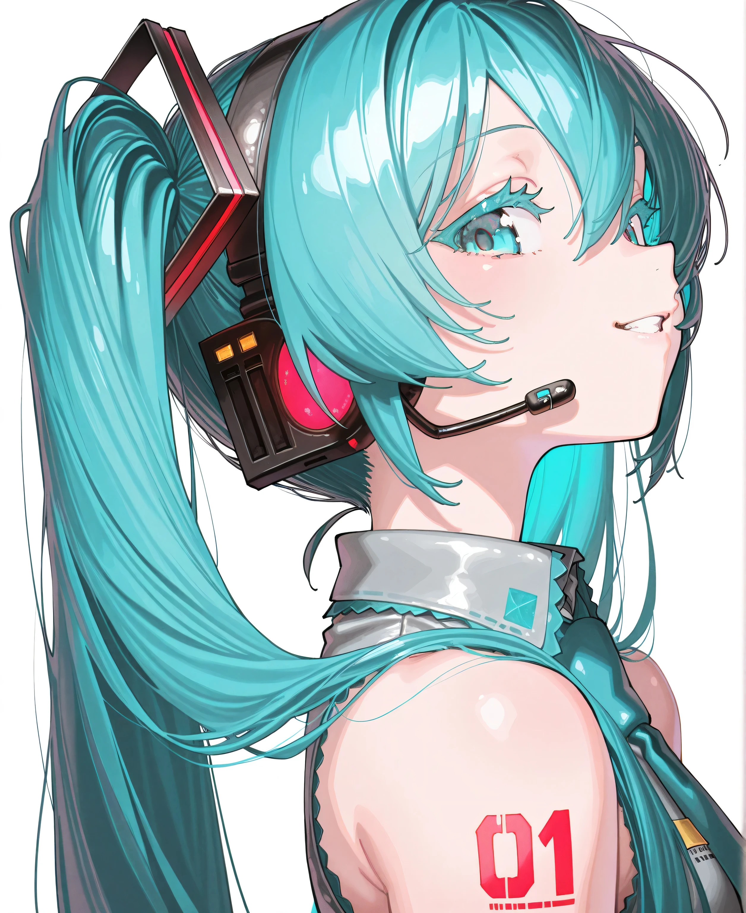 kmj-anonstyle, [artist:yoneyama mai], [artist:kanzarin], [artist: ekrea_jan], masterpiece,best quality,amazing quality, 748cmstyle, solo, eye focus, vocaloid, hatsune miku, 1girl, aqua eyes, aqua hair, bare shoulders, collared shirt, colored eyelashes, colorful, from side, hair between eyes, headphones, headset, long hair, looking at viewer, parted lips, portrait, shirt, shoulder tattoo, sideways glance, simple background, sleeveless, sleeveless shirt, smile, solo, tattoo, teeth, twintails, very long hair, white background