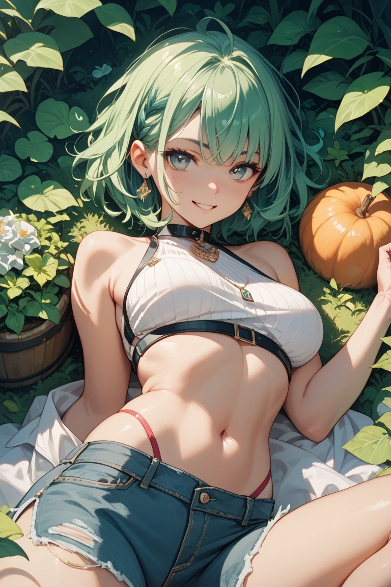 (((1girl))), (petite:1.3), solo, hard features, (more_details:1.5), barefoot, perfect fingers, extremely detailed finger, green hair, bob cut, braided bangs, one side up, earrings, Beautiful detailed rubin eyes, (slim body), ((large_cup d_breasts)), ((petite)), (luminous), (pajamas), ultra-detailed, (background: room, yellow)