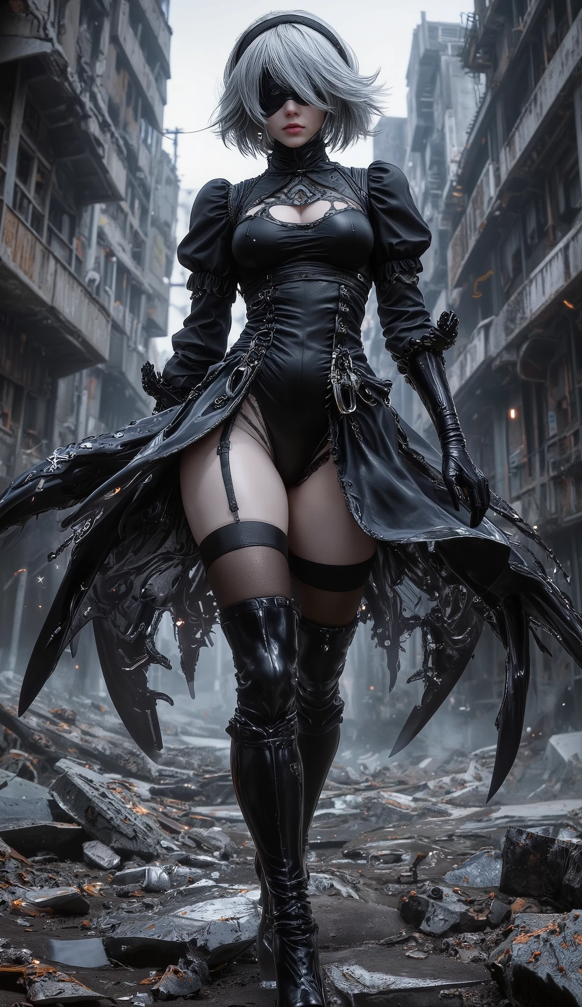 (black short dress:1.3), (spread your legs:1.0), (show panties:1.0), (white panties:1.4), (black long boots:1.8), (black hair band:1.4), (beautiful face:1.5), (detailed face:1.2), (blue eye masterpiece, 最high quality:1.4), (In the ruined big city), (remains of large machinery:1.5), (Battle against machine lifeforms:1.5), (full body shot:1.3), (1 girl), (has a big sword:1.7), alone, (beautiful european:1.2), YoRHa field.2 type b, (white short hair:1.5), hyperrealistic, high resolution skin, high quality, highly detailed face, highly detailed skin, skin pores, scattered below the surface, realistic pupils, Medium chest, The whole face turns red, lip whole, detailed background, written boundary depth, volume lighting, sharp focus, confused, realistic proportions, excellent anatomy, (realistic, hyperrealistic:1.4)