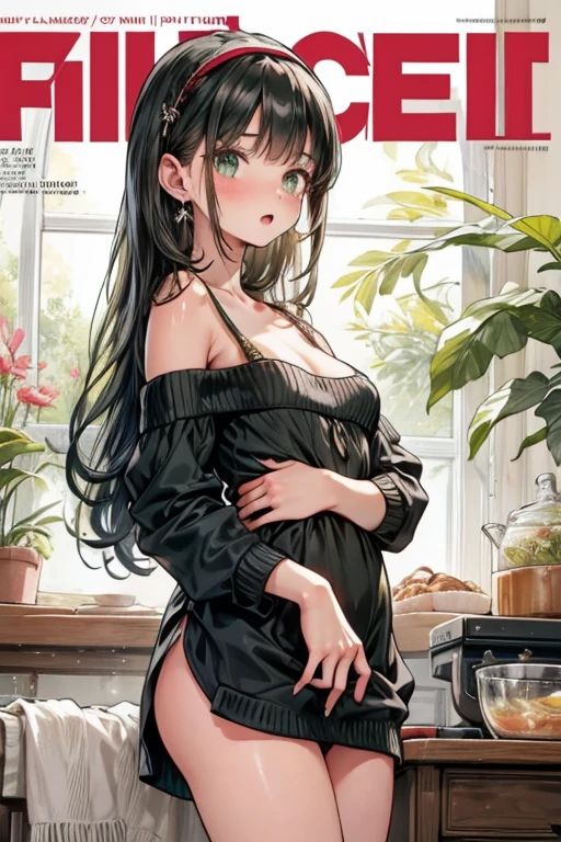 (small breasts:1.3), (perky chest:1.1), (pointed chest:1.0), (fashion magazine cover:1.3)，(from below:1.0),(from side:0.9),masterpiece, 1girl, Amazing Cleavage:1.1, thin waist, big ass, Raised sexy, small breast: 1.3, posed cleavage:1.2、solo, looking at viewer, open mouth, have a cute grass of cute beergrass,black hair, dark green eyes, dress, bare shoulders, jewelry, collarbone, sidelocks, hairband, earrings, indoors, off shoulder, :o, sweater, arms behind back, plant, short hair with long locks, gild hairband, off-shoulder dress, sweater dress, off-shoulder sweater, red sweater, dark gord hair, big side hair, very long side hair,is rendered in (masterpiece: 1.2, best quality), with (ultra high resolution) and an exquisite (depth of field). This masterpiece is not only visually stunning but also tells,A scene of cooking in the kitchen by classroom

