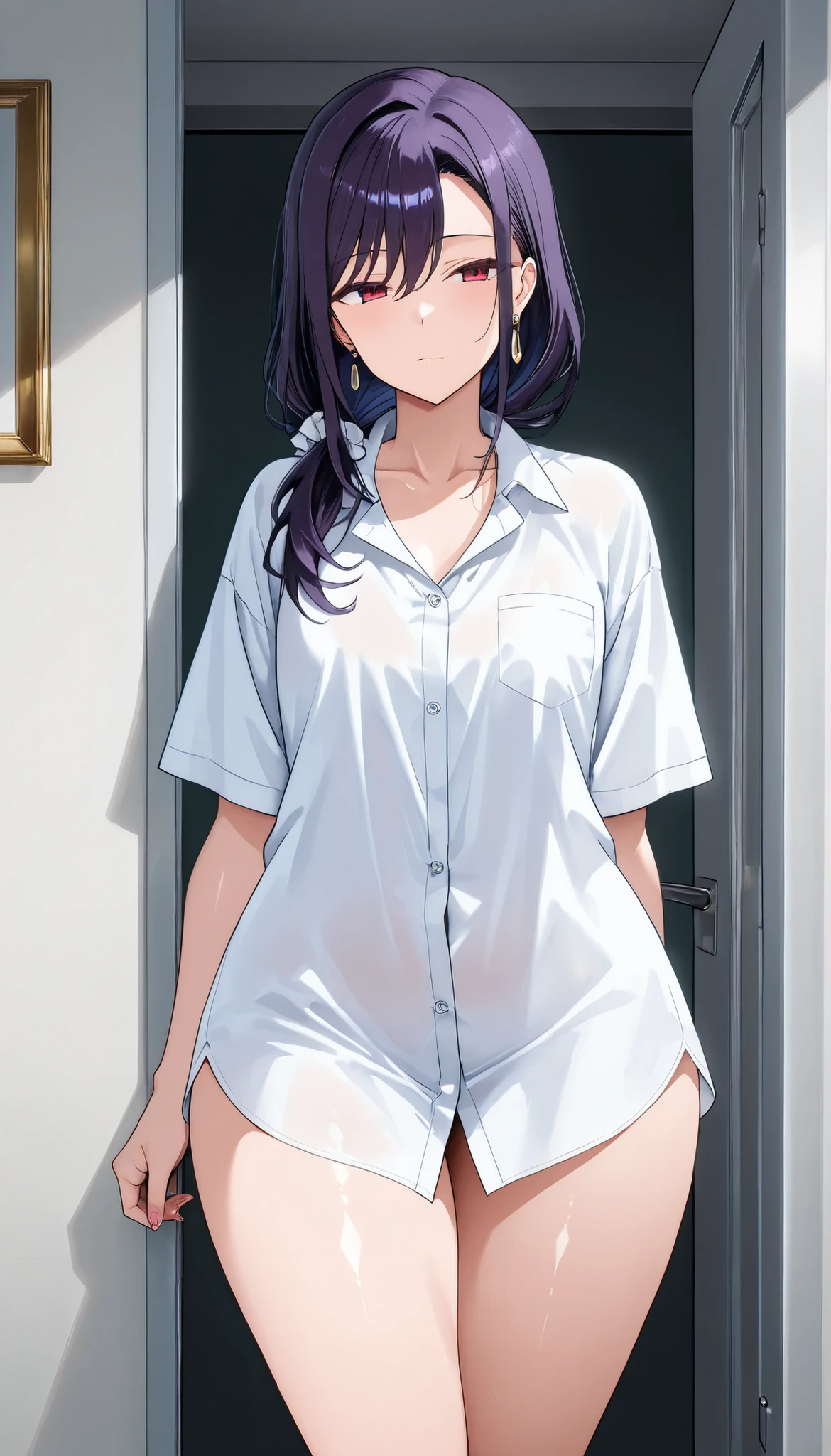 score_9, score_8_ sideways, score_7_ sideways, score_6_ sideways, score_5_ sideways, score_4_ sideways, source_anime, tag1, tag 2, 最 High Quality, High Quality, details, nothing, 8k, 超 nothing, Soft Saturation , Professional Quality, Perfect Contrast, are good for viewers , anatomically accurate , small breasts, wide hips, huge ass, thighs, sensual woman, Adult Female, Mature Woman, of motherhood, charming BREAK white dress shirt, Naked Shirt, chest, big shirt, panty peaks 、detailsな瞳