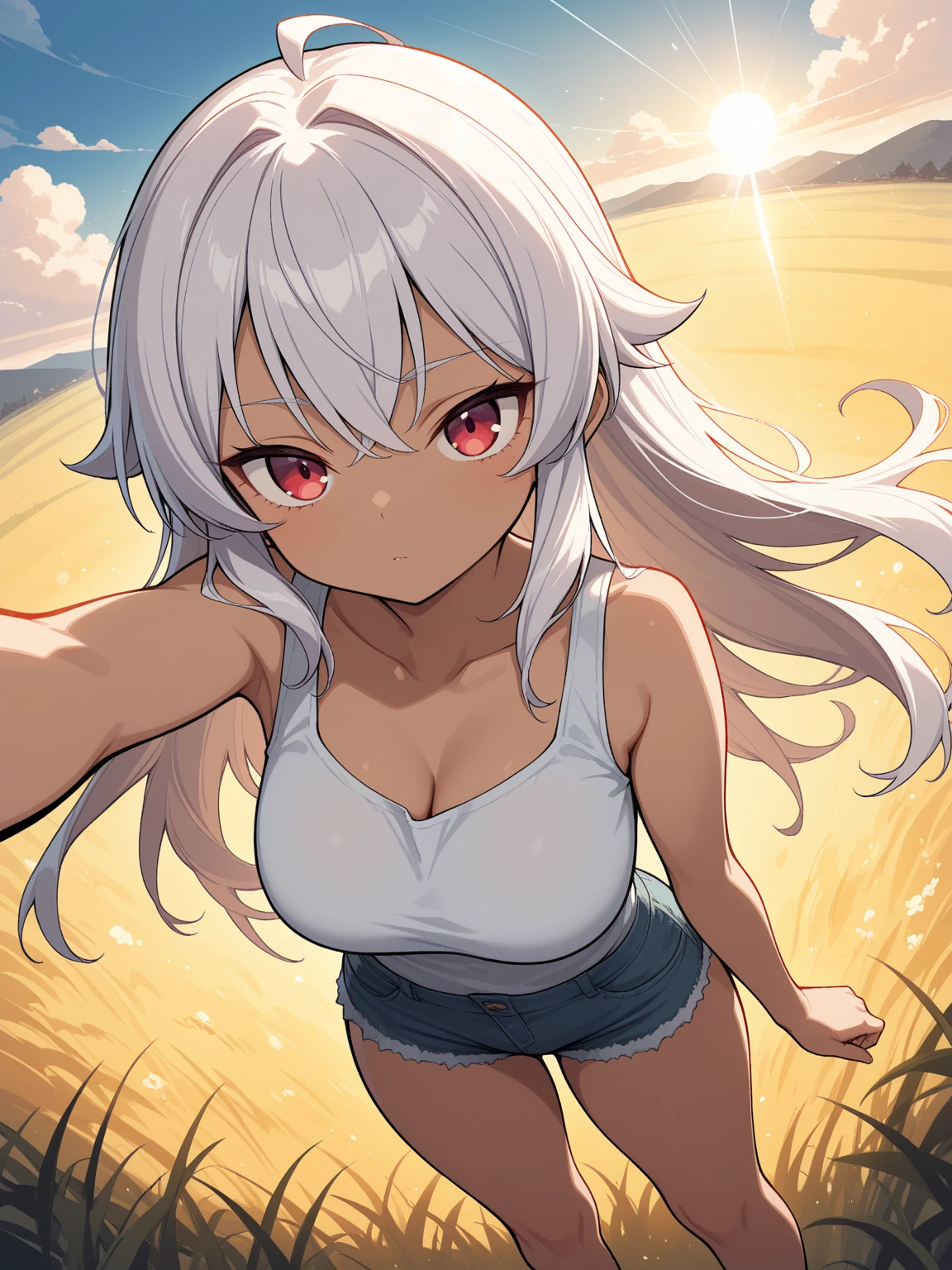 amazoness archer,1girl,solo,completely nude,blush,dark-skinned female,sweat,tears,open mouth,covering breasts,medium breasts,smile,collarbone,sitting,on bed,village,
masterpiece,best quality,amazing quality,very aesthetic,absurdres,newest,<lora:Amazoness Archer illuXL v1.11:0.72>,