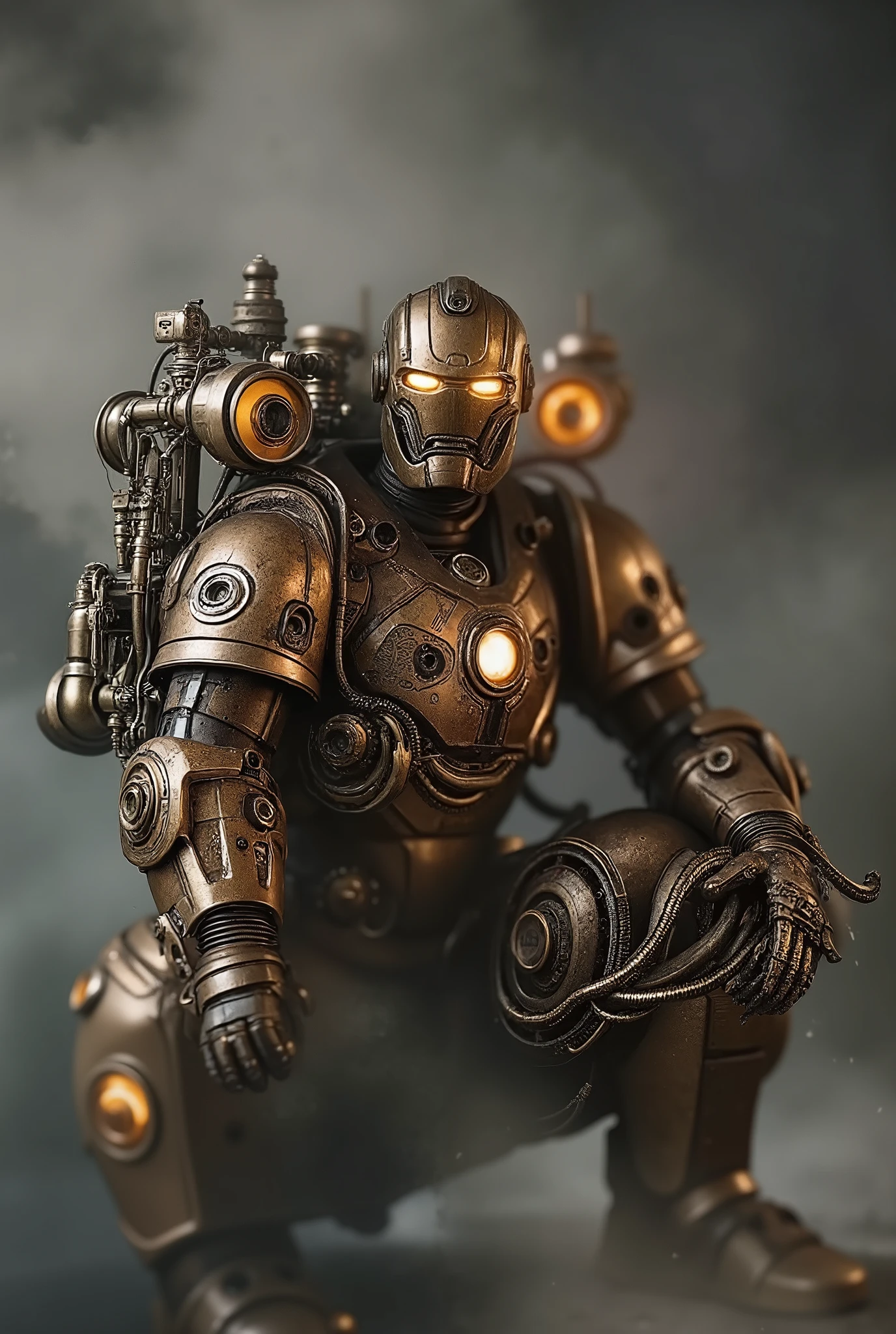 Highly detailed steampunk Ironman prototype armor, heavy mechanical exosuit made of bronze and brass, exposed gears, pistons, pipes, and pressure gauges, glowing orange energy vents, rugged and industrial retro-futuristic design, worn metallic textures, Victorian sci-fi style, thick armored plating, bulky yet functional look, surrounded by a smoky, mechanical atmosphere.