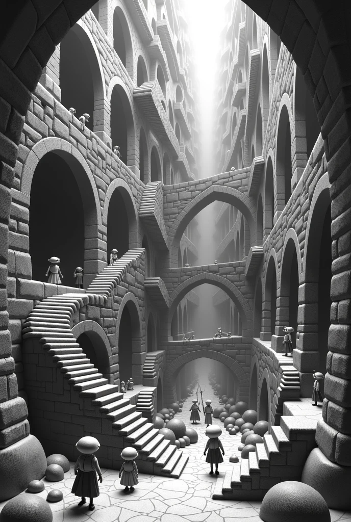 <lora:DD-made-of-clay-XL-v2:1.0> 3d textured underground city environment made of clay, (black and white chroma:0.7), vast cityscape tunnels of stairs and pipelining, infinity architecture impossible geometry, surrealist stairways everywhere, staircase fractals,  <lora:Escher_Blend:0.9> , claymation film still, photographic depth of field, caustics, realistic shadows, distant black silhouetted figure person standing in the distance,