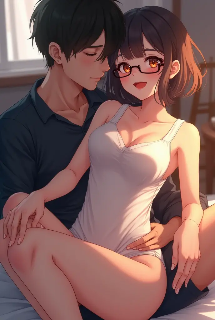 ((super high quality,))((Ultra-high resolution,))(16K,)(super masterpiece,)((Ultra HD ,))(Detailed shading,)At the window in the middle of the night,One sexy mother,One young boy,A boy hugs him from the side,((popped Tight collar White shirts,))Folded sleeves,Unbutton the third button,(The lower half is only underwear,)Put your hands on your head,Spread your legs,((Eyes facing the camera,))Glasses,blush,Ahegao,necklace,wedding ring,Sweaty,Love juice,