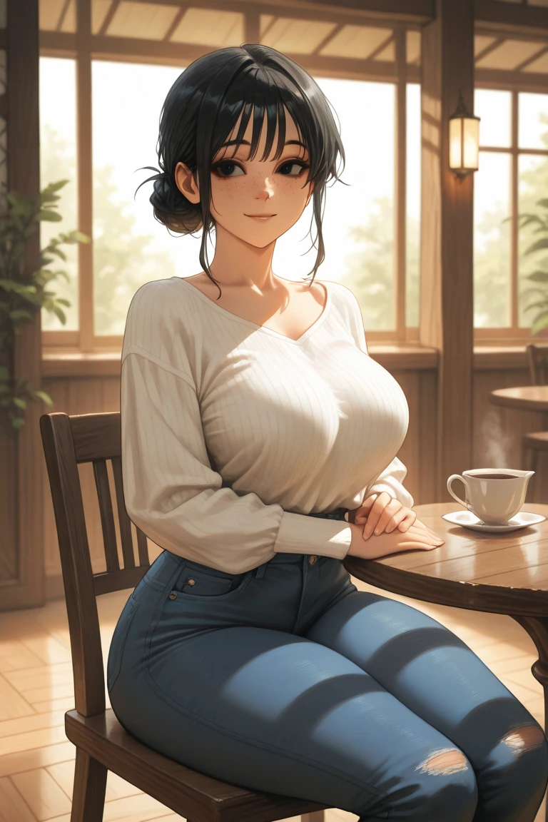 masutepiece, Best Quality、Realistic, ( Intricate details, depth of fields)、Hyper-Realism, 8K, Best Quality, Super Detail, retinas, ighly detailed, Perfect face, Perfect body, Huge breasts, Constriction, Very big ass, Glamour, indirect lighting, hair wavy、Shorthair、prety woman,A dark-haired、goddess of Japan、 the perfect appearance, Smile, ta, Oily skin、shinny skin、indirect lighting, Anatomically correct、Skin Texture、
Woman wearing casual shorts and t-shirt、Imagine sitting by a window drinking coffee.。She is smiling and lifting her coffee cup。Environment in the living room、A window with a view of the outside is in the background.。