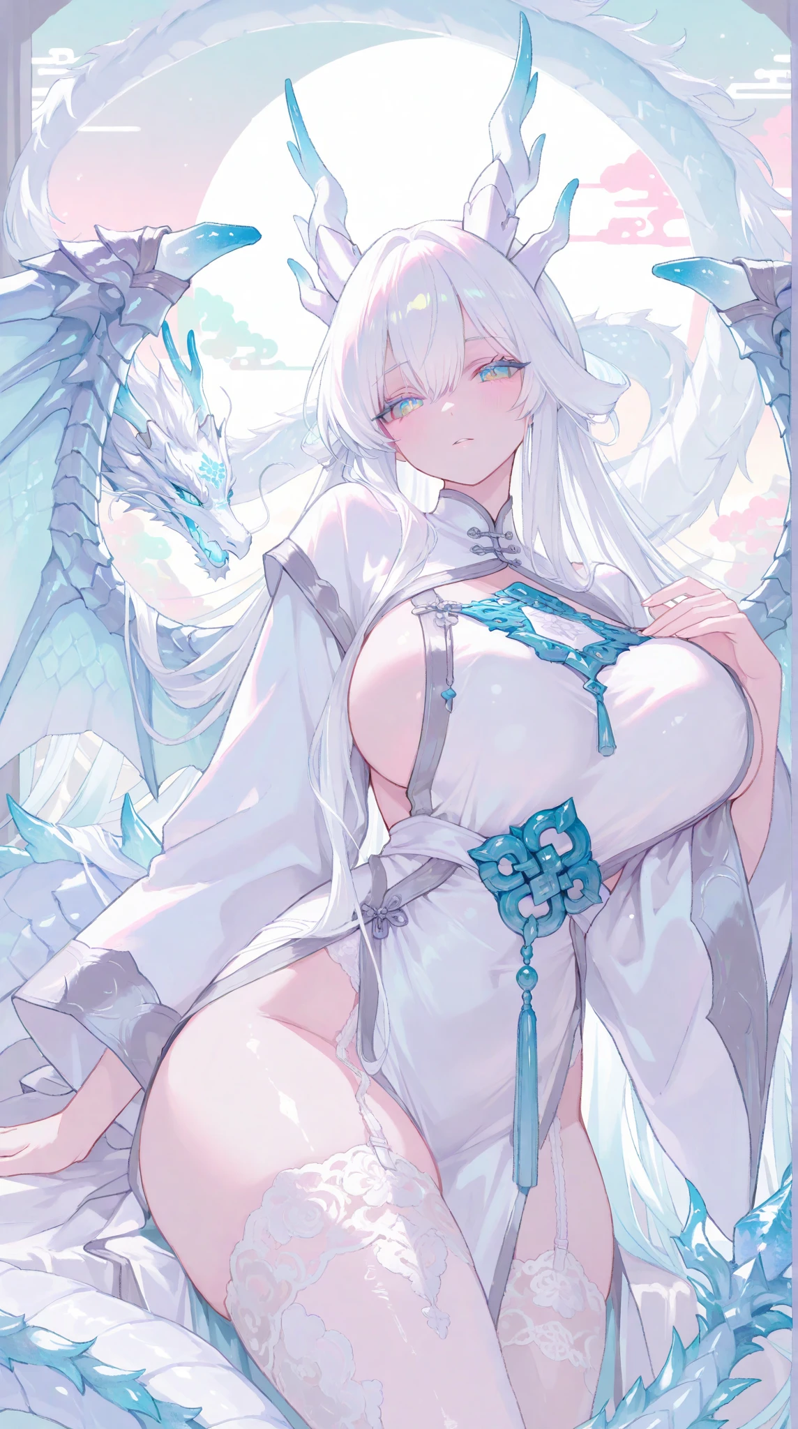 masterpiece, best quality, 1girl, <lora:kwFemale_Beta40-SDXL_v1:1>, white, chinese dragon, sky, cloud, cleavage, stomach tattoo, nipple piercing, waifu