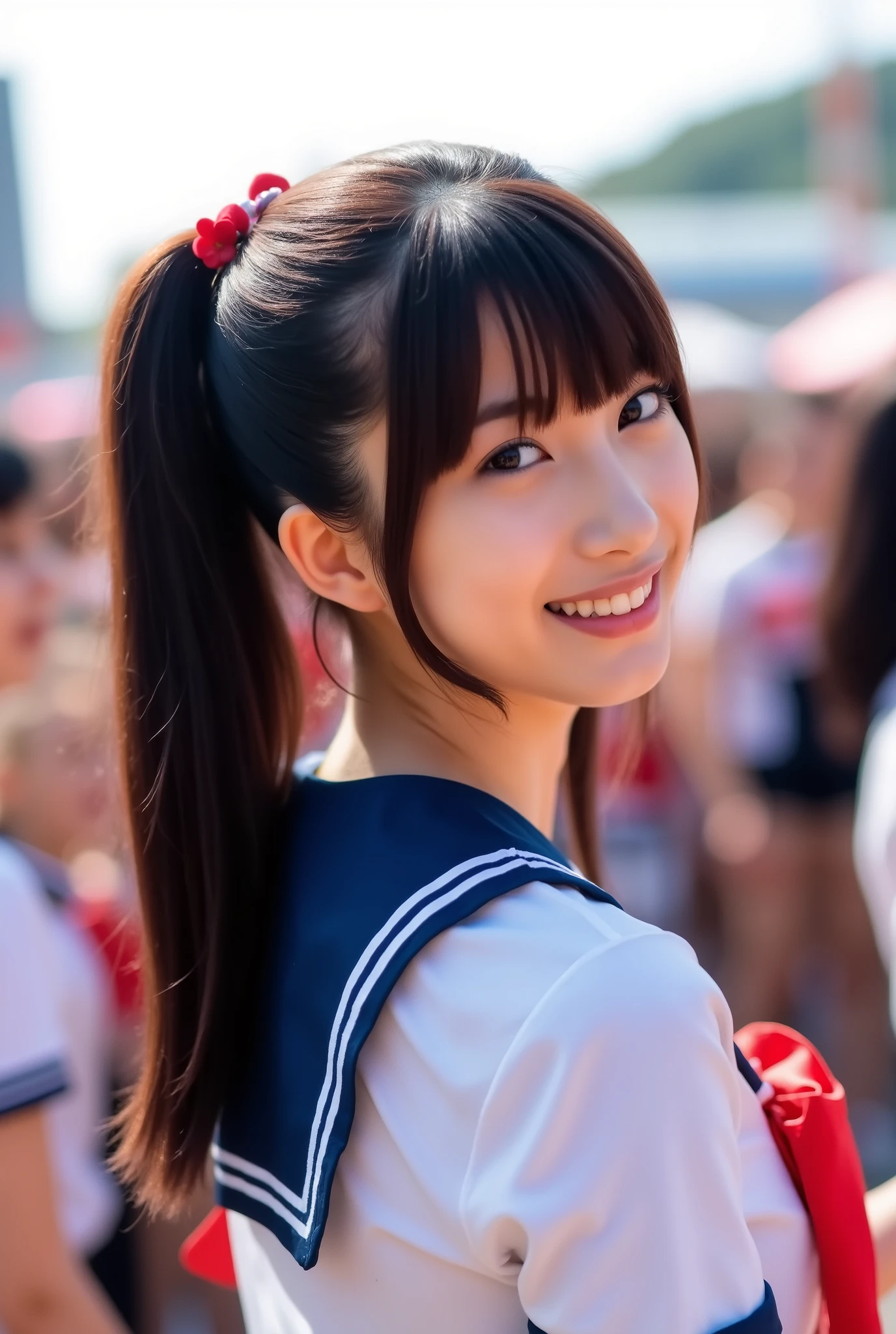 ((smile))、Confused、RAW Photos、(((The ultimate portrait masterpiece)))、((The cutest girl in the world:1.4))、1 girl、12 years old、Japanese、Cute face、((Silky Hair))、(A high ponytail tied with a ribbon:1.4)、((Super huge breasts:0.7))、((Eyes that shine like jewels))、Glowing Skin、(I can see your beautiful vagina.:1.3)、((Crotch from the front))、eyeliner、Beautiful Bangs、Hair between the eyes、((solve、High resolution))、Detailed Background、8 KUHD、Digital SLR、Soft Light、high solve、Film Grain、Fujifilm XT3、Shallow depth of field、自然なSoft Light、Narrow waist,(Beautiful girl with sparkling eyes:1.3),(A big bust that seems to burst:1),(Sometimes I squat so I can see my pussy line:0.6),(Very beautiful pussy line:1.2),(Skirt Lift:1.5),(Cheerleader girls)