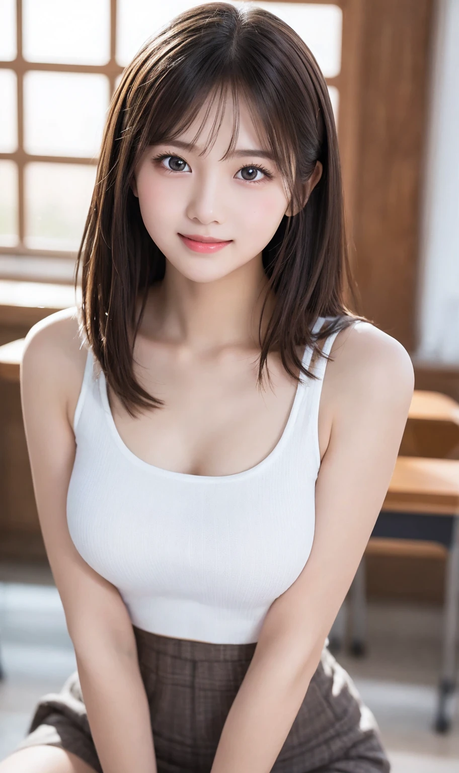 White Tight Tank Top、White tight mini skirt、a bed、a smile、high-level image quality