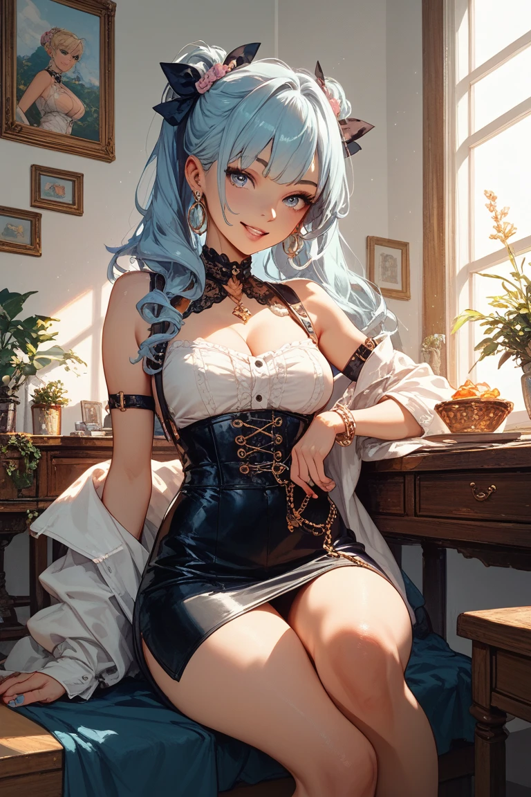 Anime, a glamour shot of a smiling MILF, wavy turquoise hair, busty, big ass, Standing demurely with her legs crossed in a bedroom, long sexy legs, leaning toward the viewer, with Smokey eyes and knowing smile wearing a revealing corset, white lace stockings, insanely detailed face and eyes, intricate, hyper-detailed bedroom, digital illustration, masterpiece, beautiful eyes, atmospheric lighting, centered, perfect anatomy, glowing eyes, candid portrait, clear, very detailed, smooth, sharp focus, focused on the viewer, facing the viewer