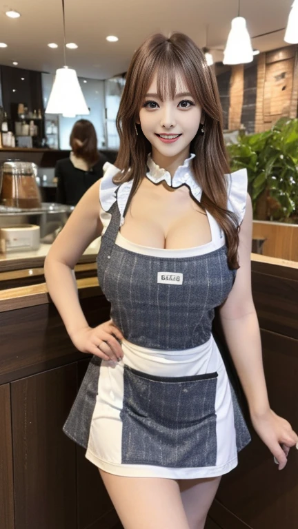 highest quality,masterpiece,Ultra-high resolution, (Realistic:1.4), girl, 18-year-old, (Firm breasts:1.2), (Slim face, Narrow waist, Thin legs), Charm, look at each other, Dynamic Shot, (black choker) , Long sleeve, (bangs), Blue Contact Lenses, smile, Big Breasts, ((apron))、very long eyelashes, market