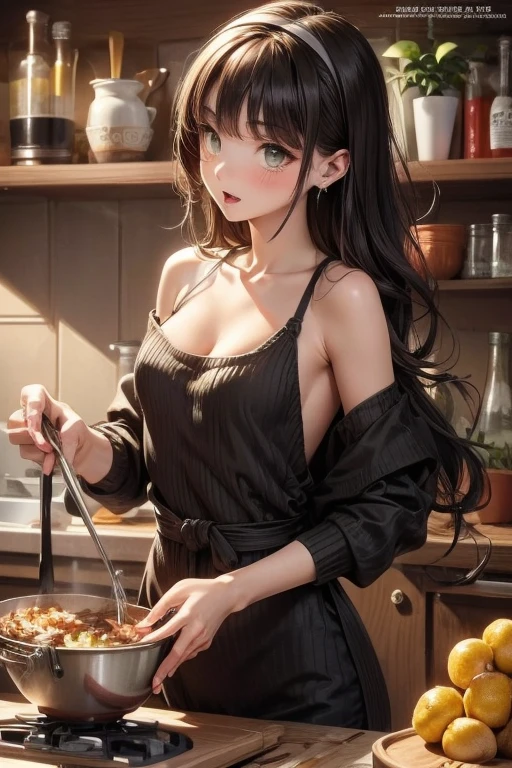 Big Breasts、Small waist、round and large eyes、kitchen、cooking、Naked Apron