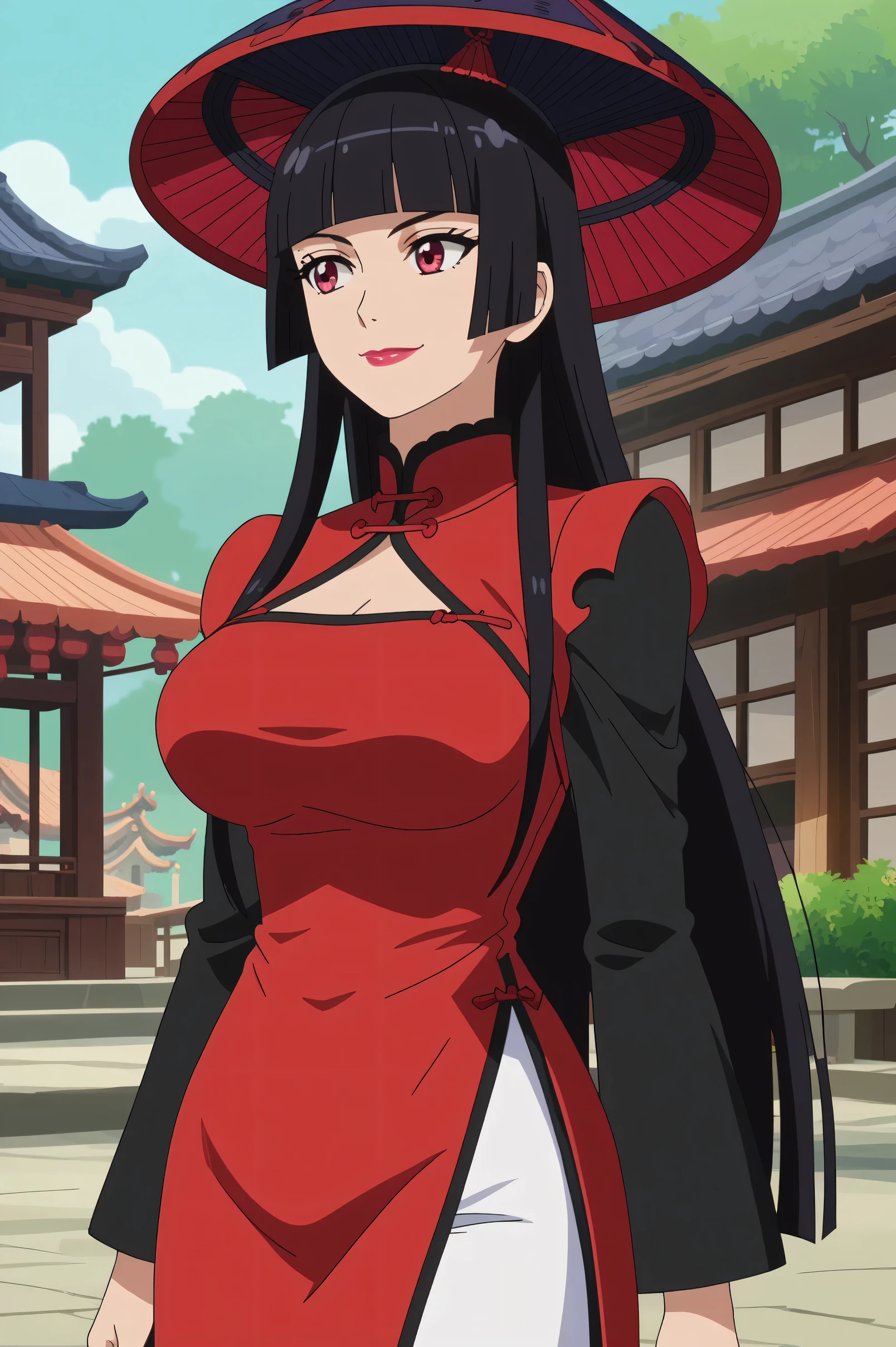 score_7_up, anime screencap,
RoryMercury,
1girl, closed mouth, light smile,
long hair, black hair, red eyes, hime cut, blunt bangs, lipstick, conical hat,
over shoulder, Big breasts, vietnamese dress, pants, long sleeves,
solo, cowboy shot, Boutdoors,