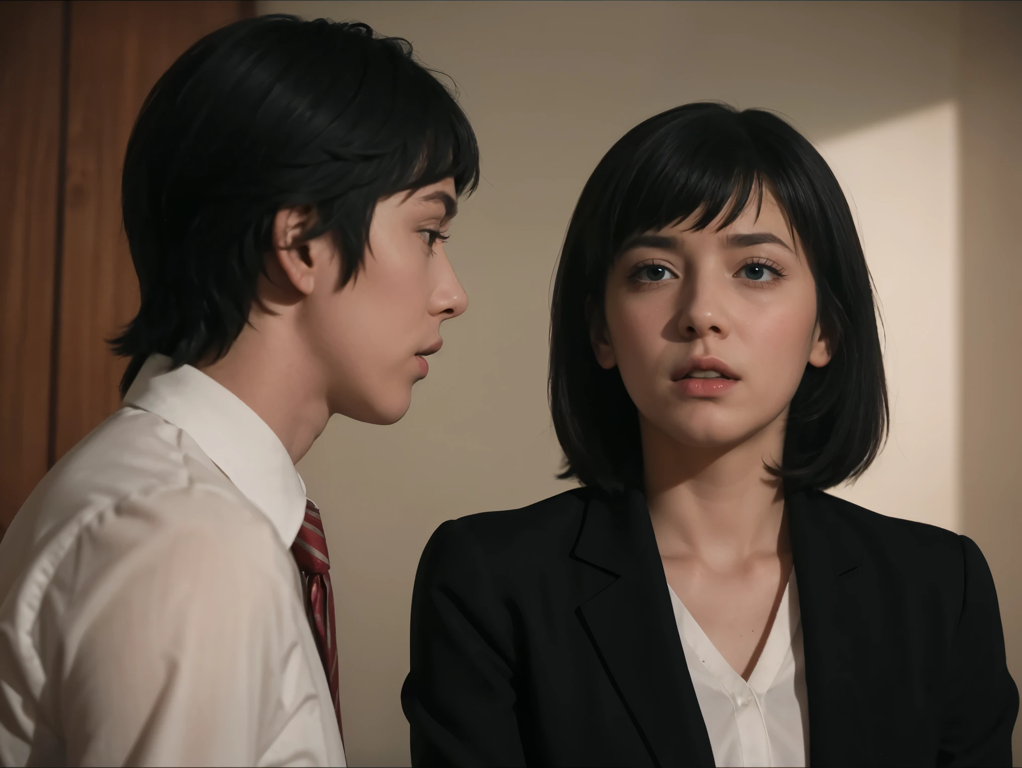 (masterpiece), best quality, expressive eyes, perfect face, himeno, NCIS chainsawman, Aqua eyes, short black hair, Greek Greece woman, nosebleed, (NCIS), wound, investigation background, thighs, depression face begging, slim, sweat, HD, CIA, white bra, high libido, open uniform, standing, pussy visible, shirt tucked in, agent, tall, blood from mouth, blood sperm through shirt uniform, CIA formal uniform, sadness, drool, swept bangs, makeup running, blood on clothes, ((CIA agent)), DNA samples, crest, coat of arms, sneakers, (blood splatter), crying, tears, cry sad face, blood, leather pantyhose, tired after work, speech bubble, (Drama), TV series, hetero, talking with a man stan smith