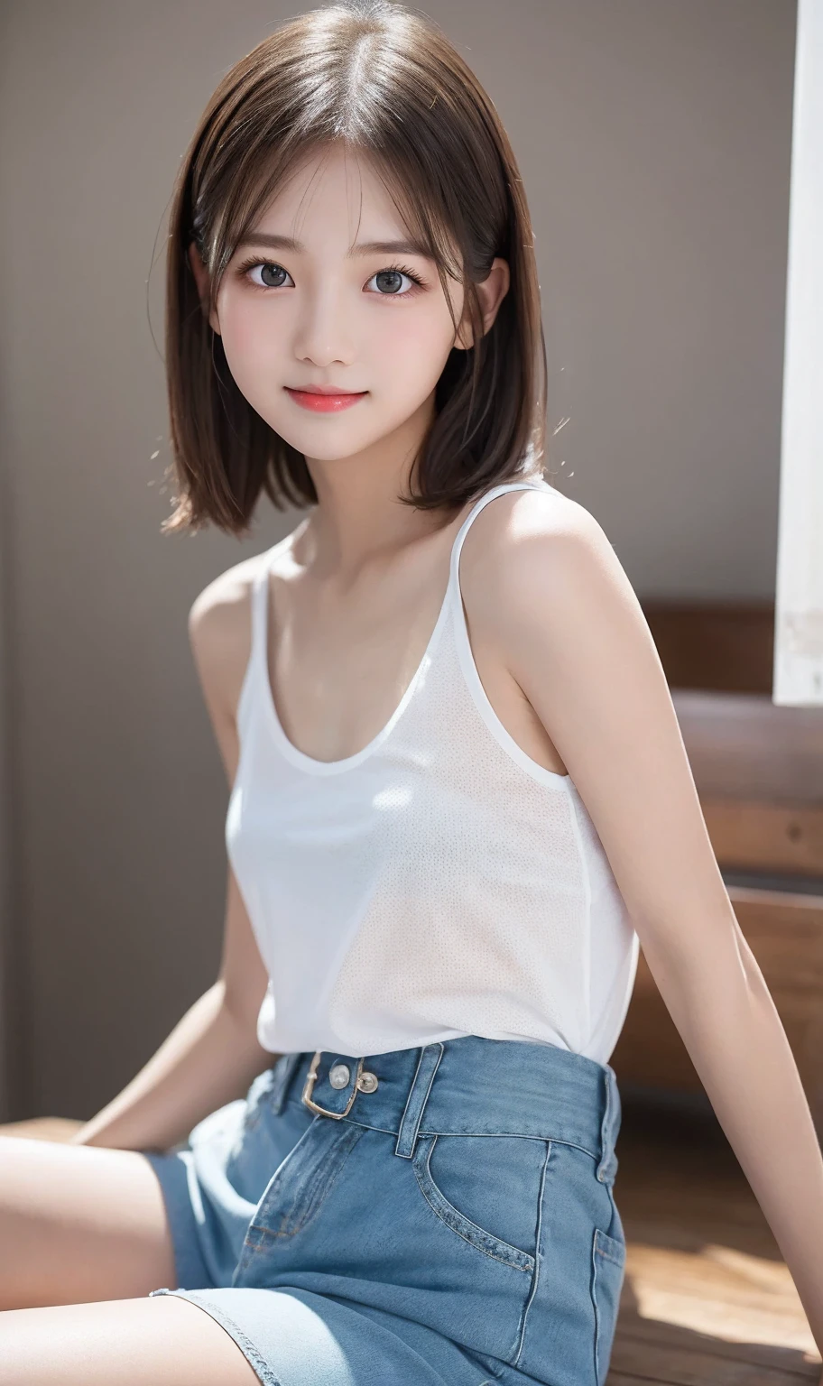 Sitting with legs crossed, Ecstatic expression, Cute junior high school girl, He is leaning forward and looking at me., Sexy face, With legs apart, Wearing a tank top, Large breasts