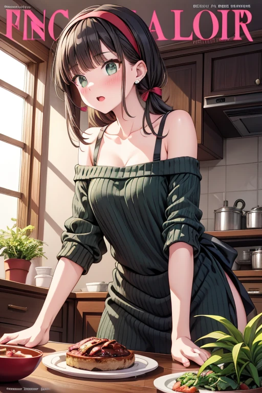 1 anime girl naked wearing only an green apron and a hat, standing at a register, long brown hair, embarrassed, embarrassing, embarrassment, blushing, people around her, hot, sexy, gorgeous, very high quality, anime style, 4K resolution, perfect body, thick body 