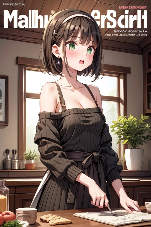 (small breasts:1.3), (perky chest:1.1), (pointed chest:1.0), (fashion magazine cover:1.3),(from below:1.0),(from side:0.9),masterpiece, 1girl, Amazing Cleavage:1.1, thin waist, big ass, Raised sexy, small breast: 1.3, posed cleavage:1.2、solo, looking at viewer, open mouth, have a cute grass of cute beergrass,black hair, dark green eyes, dress, bare shoulders, jewelry, collarbone, sidelocks, hairband, earrings, indoors, off shoulder, :o, sweater, arms behind back, plant, short hair with long locks, gild hairband, off-shoulder dress, sweater dress, off-shoulder sweater, red sweater, dark gord hair, big side hair, very long side hair,is rendered in (masterpiece: 1.2, best quality), with (ultra high resolution) and an exquisite (depth of field). This masterpiece is not only visually stunning but also tells,A scene of cooking in the kitchen by classroom