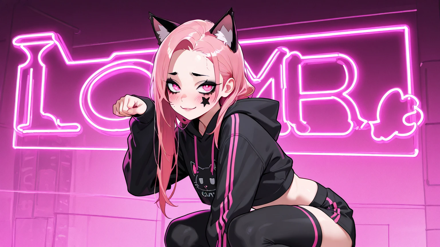 score_9, score_8_up, score_7_up, 1girl, eutropernd, dark-skinned female, yellow eyes, slit pupils, lipstick, animal ears, medium hair, two-tone hair, gradient hair, side braid, braid, ponytail, pink tail, cat tail, medium breasts,
black eyeshadow, dark purple lips, spiked choker, black t-shirt, crop top overhang, loose shirt, fishnet sleeves, fingerless gloves, black shorts, studded belt, fishnet pantyhose, studded bracelet, torn clothes,
looking at viewer, disgust, parted lips, leaning,
indoors, dark, night, bedroom, gaming chair, monitor, gaming setup,
<lora:Wicked-Thunder-Eutrope-PDXL_V1-Manityro-CAME:1.0>,