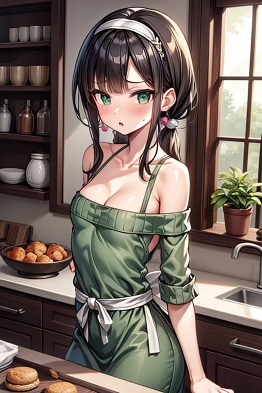 (small breasts:1.3), (perky chest:1.1), (pointed chest:1.0), (fashion magazine cover:1.3),(from above:1.0),(from side:0.9),masterpiece, 1girl, Amazing Cleavage:1.1, thin waist, big ass, Raised sexy, small breast: 1.3, posed cleavage:1.2、solo, looking at viewer, open mouth, have a cute grass of cute beergrass,black hair, dark green eyes, dress, bare shoulders, jewelry, collarbone, sidelocks, hairband, earrings, indoors, off shoulder, :o, sweater, arms behind back, plant, short hair with long locks, gild hairband, off-shoulder dress, sweater dress, off-shoulder sweater, red sweater, dark gord hair, big side hair, very long side hair,is rendered in (masterpiece: 1.2, best quality), with (ultra high resolution) and an exquisite (depth of field). This masterpiece is not only visually stunning but also tells,A scene of cooking in the kitchen by classroom