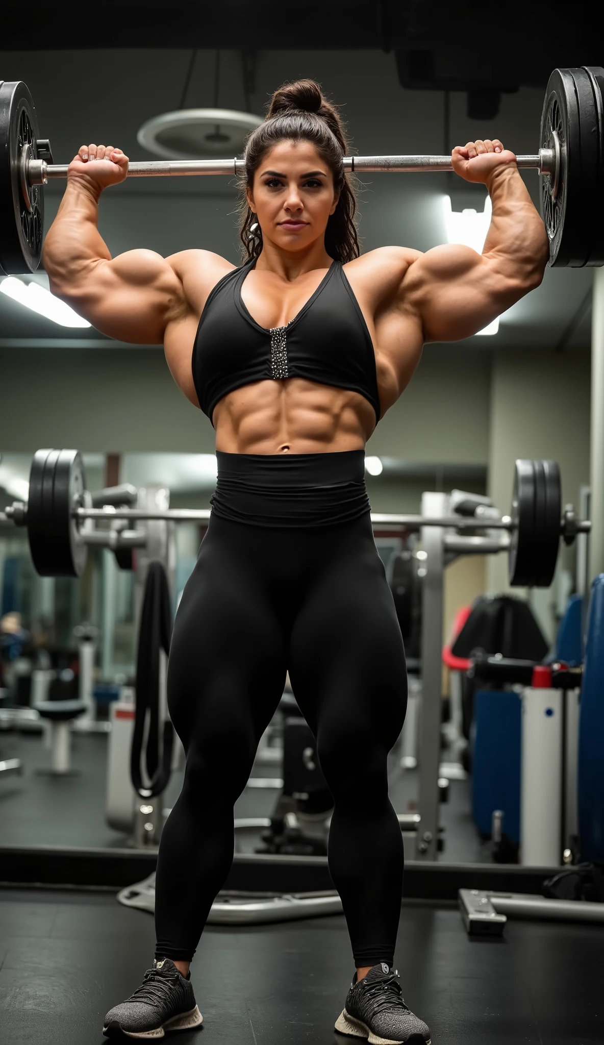 Standing in a luxury gym, with modern weights and machines in the background, the 50-year-old woman adopts a dominant pose, holding a barbell across her shoulders with ease. Her physique is absolutely imposing: extremely muscular, with gigantic, defined arms, broad shoulders, a sculpted abdomen, and thick, powerful legs. She wears a black sports crop top with silver details and tight leggings that emphasize every muscle in her legs. She is of Brazilian descent, with glowing brown skin under the gym lights, dark curly hair tied in a high bun, and a strong face with a determined gaze. The background includes a mirror reflecting her massive musculature and the vibrant gym atmosphere.