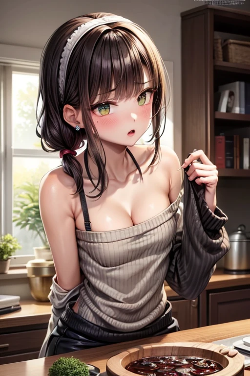 (from above:1.1),(from side:0.9),masterpiece, 1girl, Bust A Cup, Amazing Cleavage:1.1, thin waist, big ass, Raised sexy, small breast: 1.4 posed cleavage:1.2、solo, looking at viewer, open mouth, have a cute grass of cute beergrass,black hair, dark green eyes, dress, bare shoulders, jewelry, collarbone, sidelocks, hairband, earrings, indoors, off shoulder, :o, sweater, arms behind back, plant, short hair with long locks, gild hairband, off-shoulder dress, sweater dress, off-shoulder sweater, red sweater, dark gord hair, big side hair, very long side hair,is rendered in (masterpiece: 1.2, best quality), with (ultra high resolution) and an exquisite (depth of field). This masterpiece is not only visually stunning but also tells,A scene of cooking in the kitchen by classroom