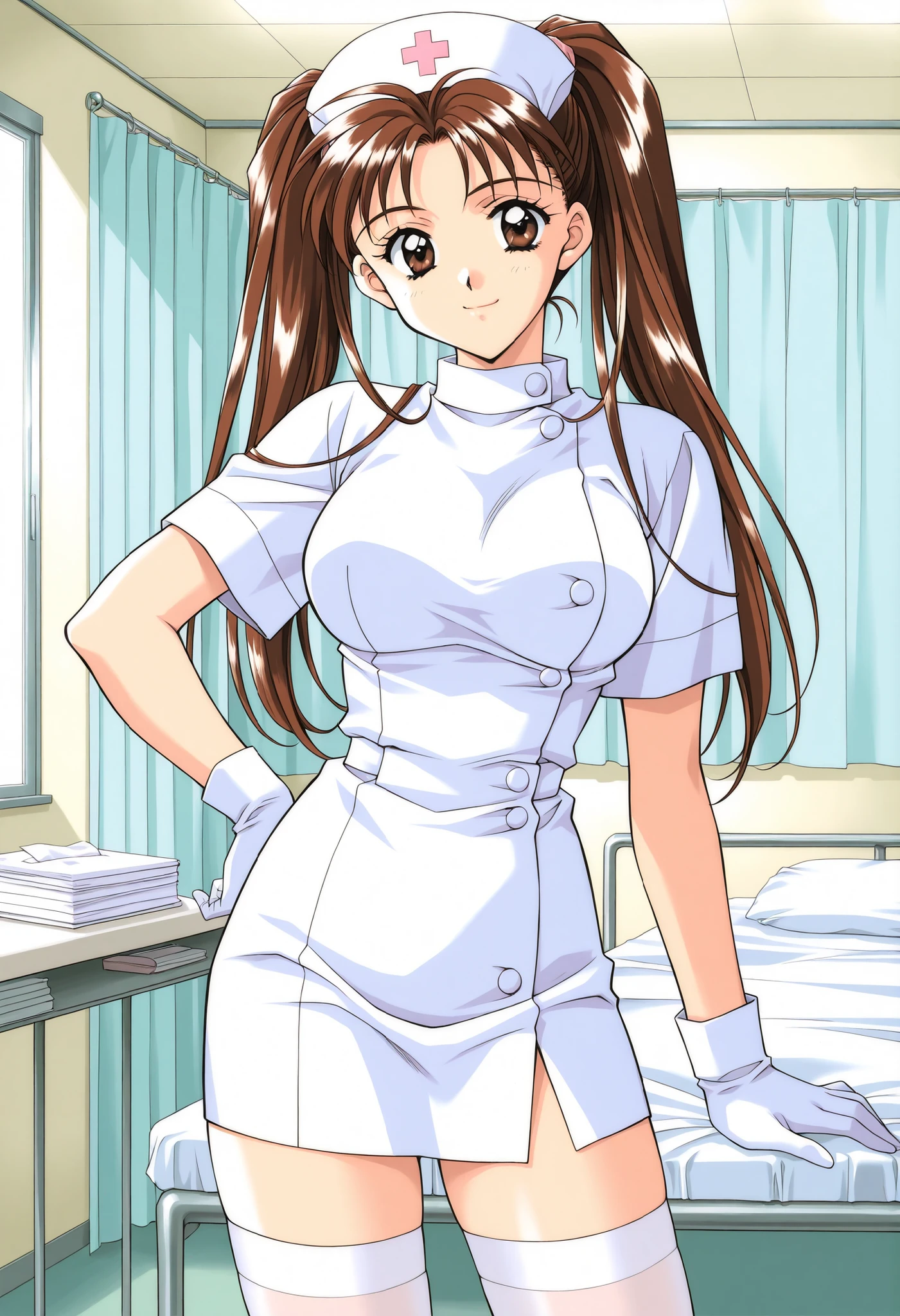 Score_9, score_8_up, score_7_up, source_anime, KanouRyouko, 1girl, solo, twintails, brown hair, brown eyes, large breasts, 1990s (style), kadoi aya style, (best quality), (high quality), {masterpiece}, extremely delicate and beautiful, ultra-detailed, beautiful detailed eyes, nurse, nurse hat, ((white nurse's outfit)), white gloves, white thighhighs, hospital room, smile, closed mouth, standing