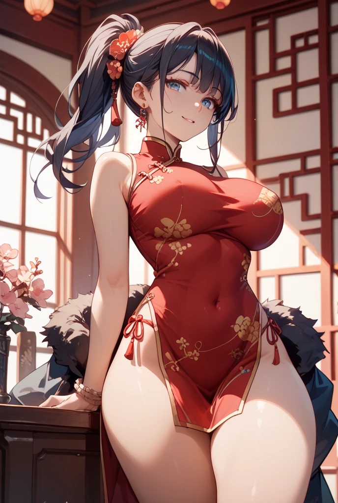 A girl,Wearing a long red cheongsam,Royal sisters,Around 18 years old,Blue eyes,Huge ,Tight,Face Optimization,Stand in the house,Open your thighs,Look at the face,transparent,Ball Head,Support chest with elbows,Chinese idol,Frontal shot,Wear cloth shoes,Nail Art,Five fingers