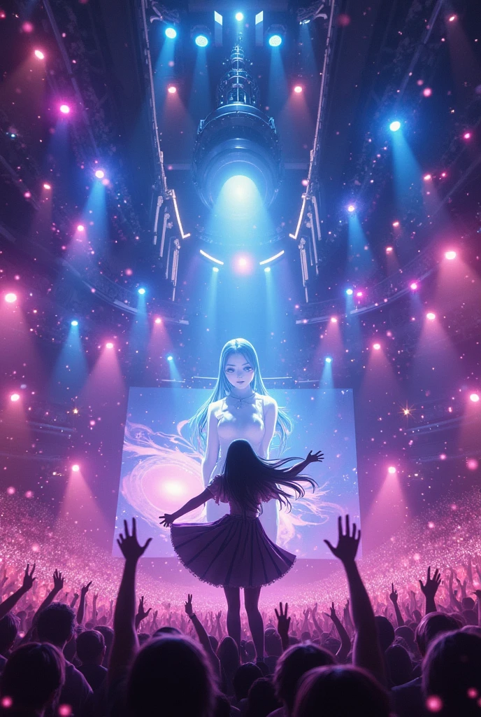 (Highest Quality,8K wallpaper), masterpiece, anime, Music Festival, Dome live,  Idol Girl, Lots of colorful spotlights illuminate her, (An idol is shown on the big screen, Her figure is shown on the big screen:1.3), 50,000 spectators filling the venue, Enthusiastic spectators shake their penlights all at once.