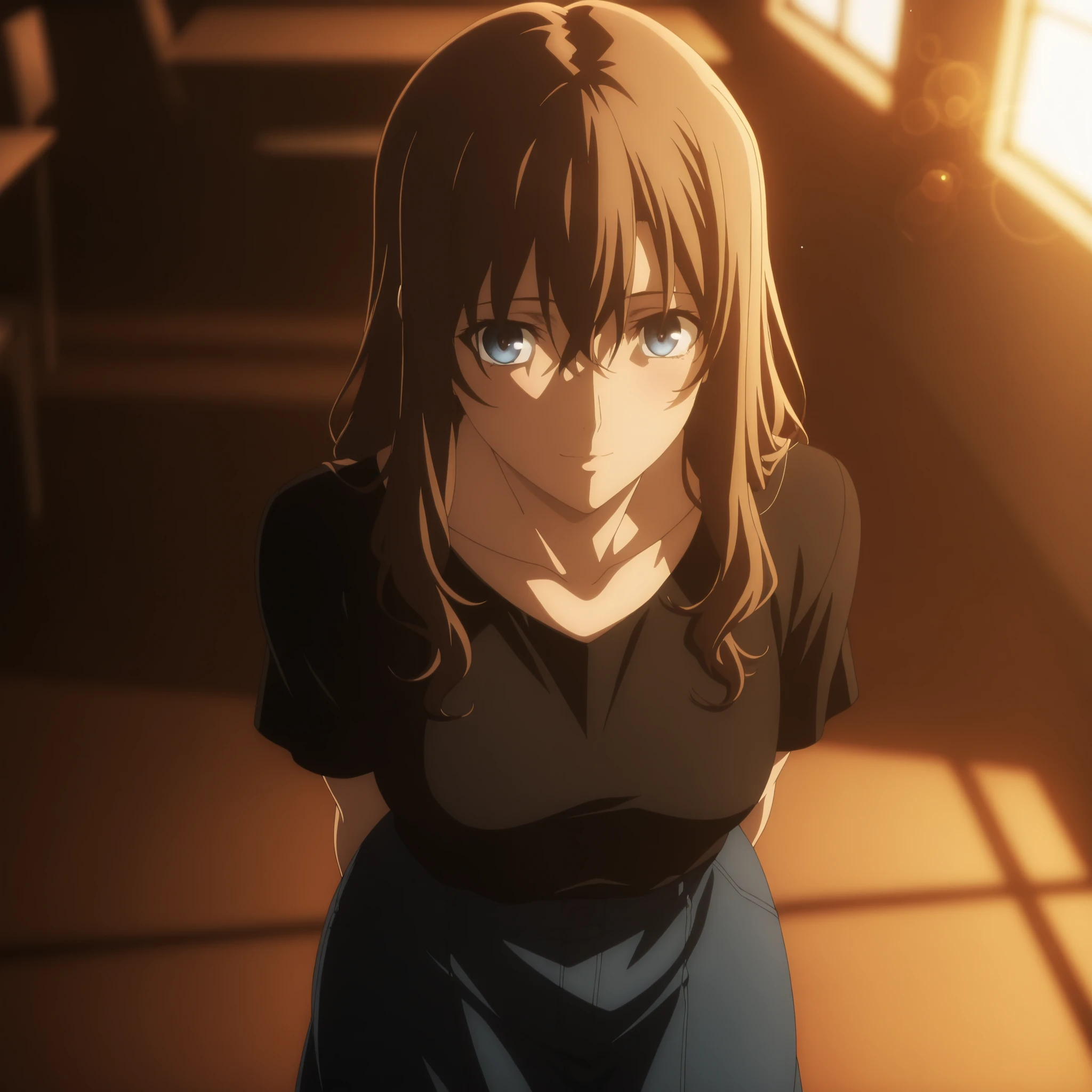 masterpiece, best quality, amazing quality, highres, absurdres, very aesthetic, high resolution, ultra detailed, perfect details, sunset, cafe, , indoors, ufotable style, (from above,), (lens flare, blurry background, ), , backlight,
 
1girl, ufotable style, anime style,  (anime coloring:1.5), (anime screencap:1.2) ,(aged up:1.5), arms behind back, , 
   
girl, mature, slim body, slender body, ,long hair, , light gray blue eyes, tareme, brown hair, 7:3 parted bung, ,                                           
(), black T shirt , , denim skirt, long skirt,(small breasts),  (looking at viewer), expressionless, embarrassed, light smile, 
