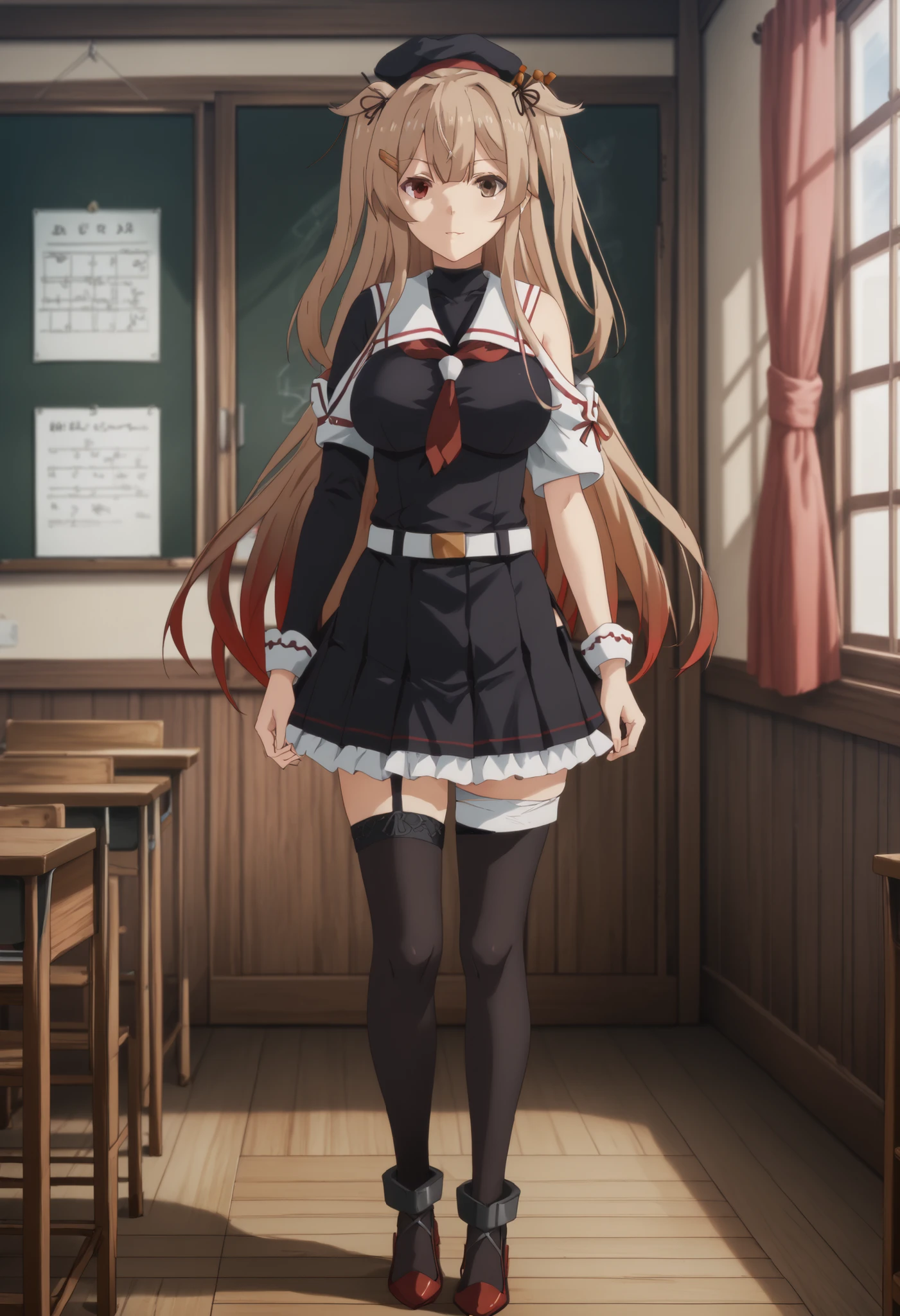 Murasame (KANCOLLE)、(Murayama Nikkantai collection), light brown hair, 1 girl, solo, long hair, chest,hair ornament, Red Eyes, ribbon, uniform, hair ribbon, pleated skirt, sailor suit, hair clip, black thigh high socks, transparent ear cover, Black Skirt, two side up, heterochromia, ruffle skirt, hair flap, Red Neckerchief, Asymmetric Legwear, black sailor suit, uneven leg attire, asymmetrical clothes, white belt,black headwear,heterochromia, beret,sailor collar,bear shoulder,Inside is black,, classroom background, Big Breasts, slender body, full body shape ,