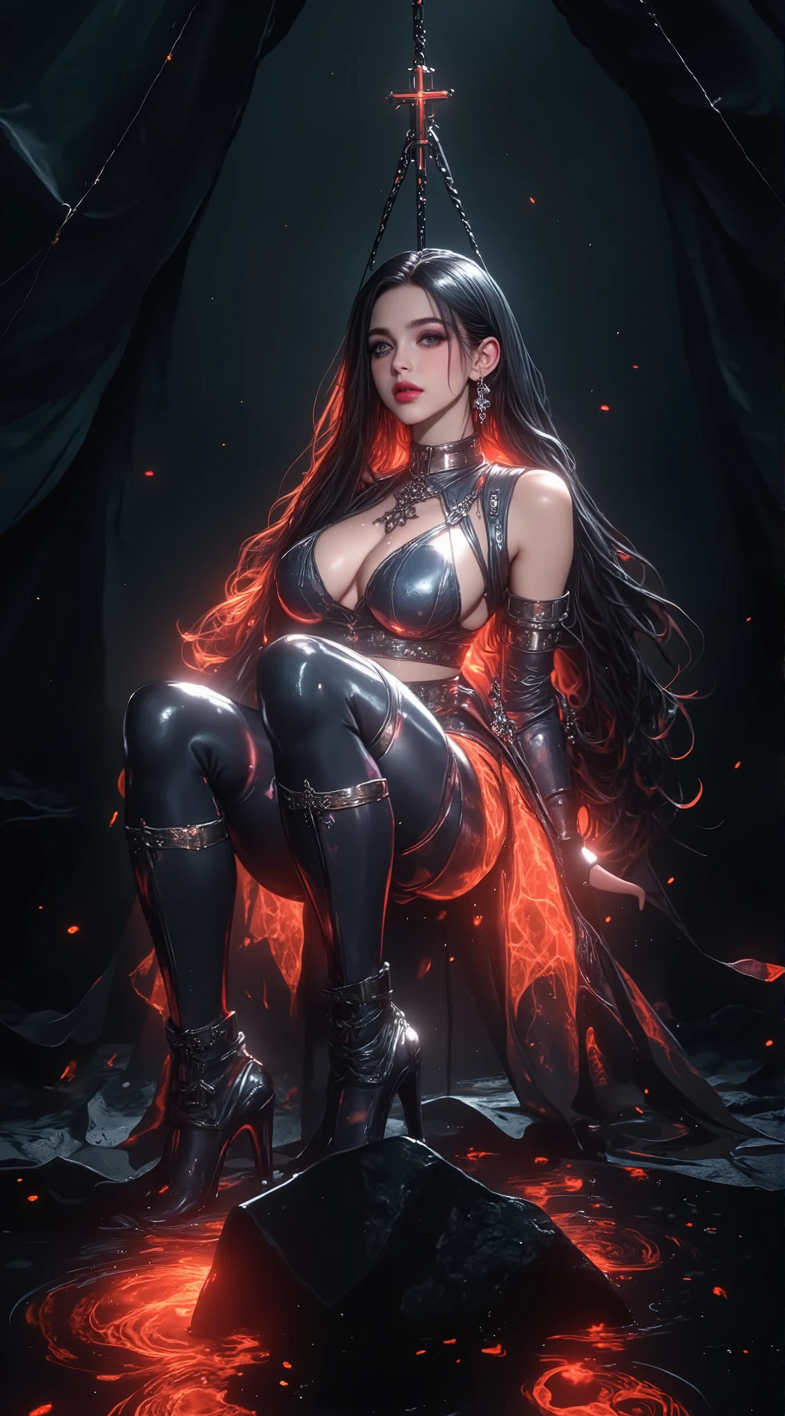 (best quality,4k,8K,High resolution,masterpiece:1.2),Extremely detailed,(Practical,photoPractical,photo-Practical:1.37),Giantess in chains,And wrapped in burning chains,view from below,illustration,metallic feel,Demonic breath,huge numbers,Possessing great power,Melt Chain,Scorching heat,Light shining through the cracks,resolute determination,Dangerous Shadows,Exquisite details,The heat wave rolls,smoke rises,fiery light,Fireworks-like sparks,Drama,Dark Fantasy,Emerald Flame,Fierce expression,Glowing eyes,Burning Tattoo,Blazing destruction,Doomsday scenario,Ruins in ruins,Distant flames,Lava,The huge footsteps shook the earth,Awesome existence,unstoppable power,Battlefield destruction,The scale is expanding,heavily clouded,Red Danger,unyielding,Magic Chain,Painful expression,Majestic,Stunning beauty,Demonize,Extraordinary power,Untamed Chaos,resolute determination,Firestorm