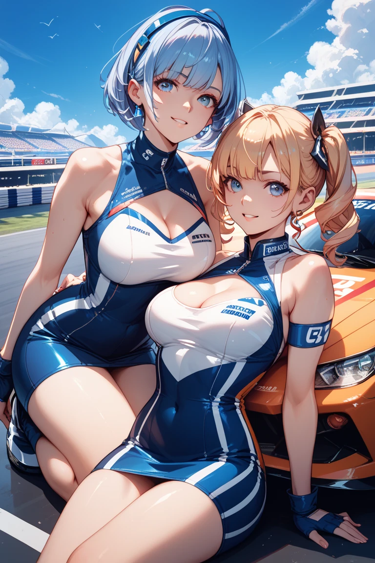 ((Highest quality)), ((masterpiece)), (detailed), One person,Age 25,Race Queen,model,(Sit on the hood of a car),(White mini skirt),(Blue top),(Open the buttons on your shirt),Navel exposed,Big Breasts,blush,Underbust,(Her cleavage is visible),(Excited expression),(Captivating look),Several men with cameras,(modelの女の子を囲みます),(Excited Men).Browsing Caution,sexy,(Put your hands together)Sweat,(Black garter belt),(Move your tongue up and down),