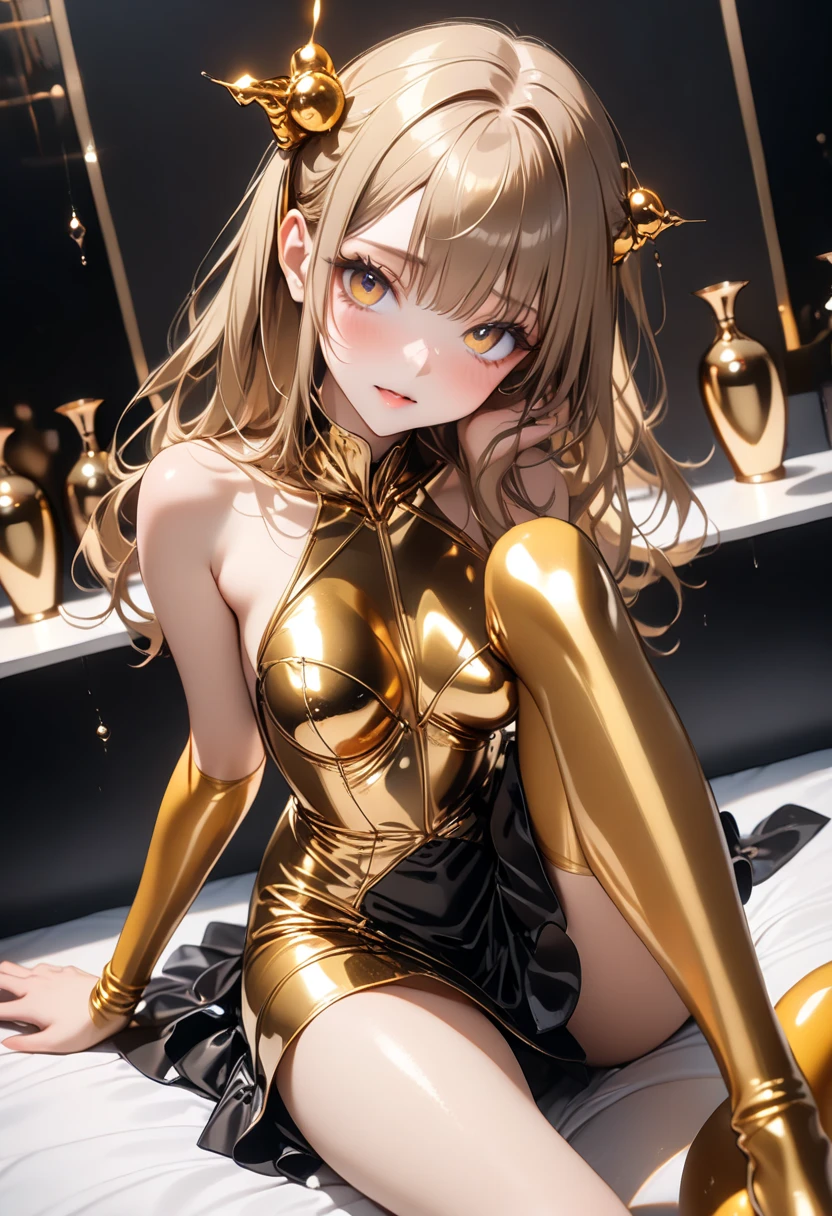 RAW shooting、Realism、Masseter muscle film、a girl、a baby face、very cute、slim and beautiful、((small :1.2))、7Head and body、Well-drawn eyes、charming eyes、double tail、Little giant、Exquisite sequin dress、Champagne gold dress、Chess gangte sleeveless dress with bold opening、Deep V、crystal pearl、((whole body))、Anguished Pose、Luxurious ballroom、dimly lit ballroom、subtitle background